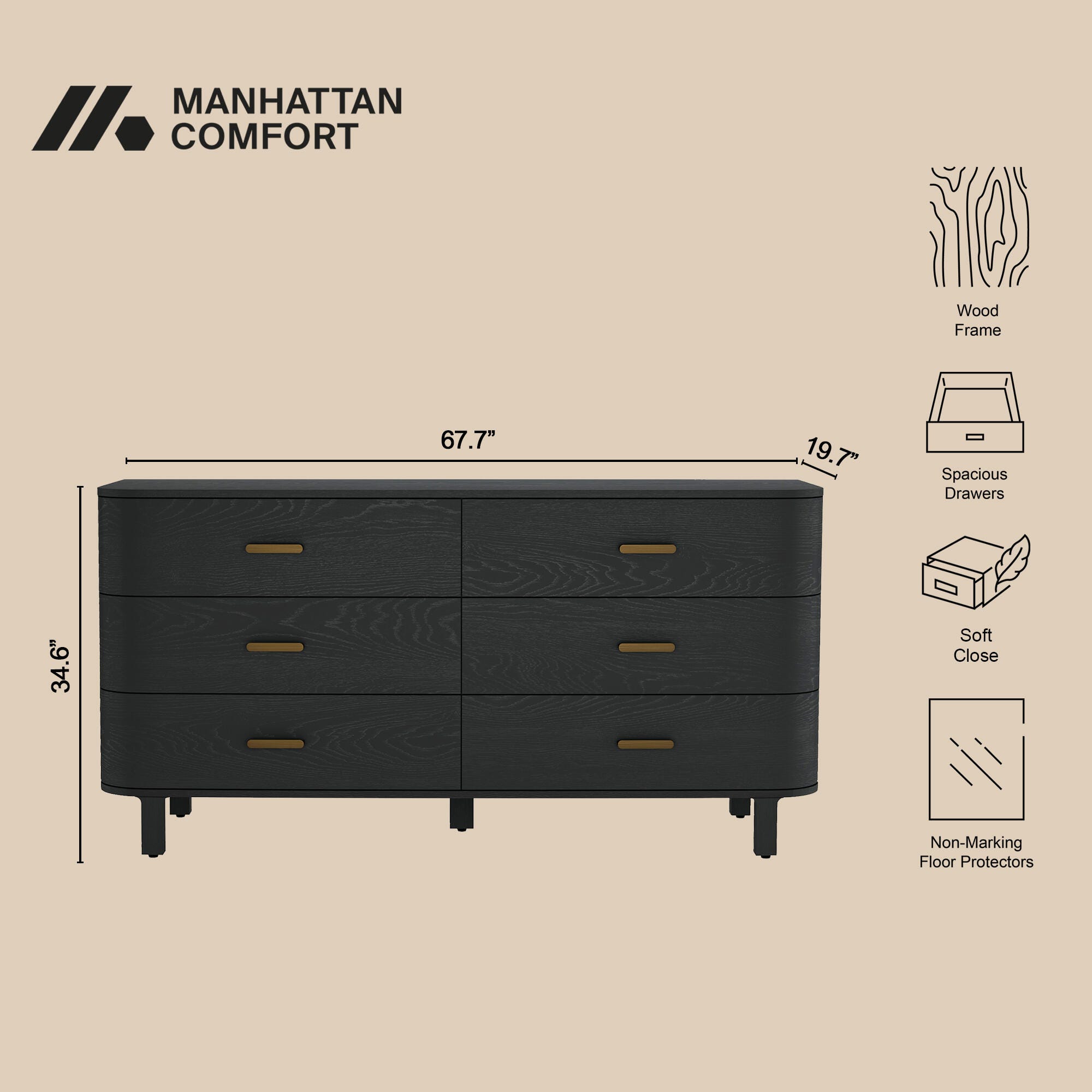 Manhattan Comfort Solara 6 Drawer Dresser, Black, large