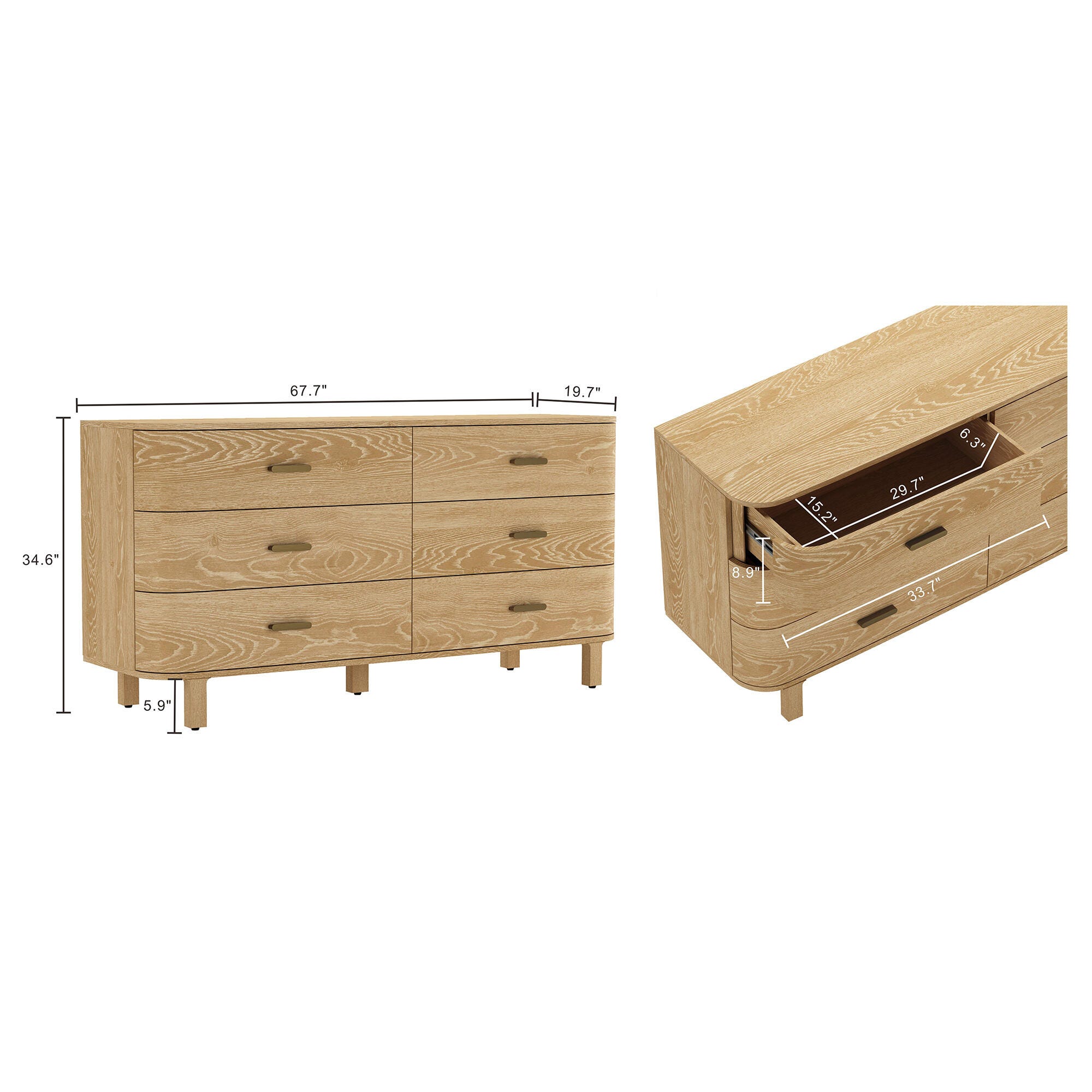 Manhattan Comfort Solara 6 Drawer Dresser, Natural Oak, large