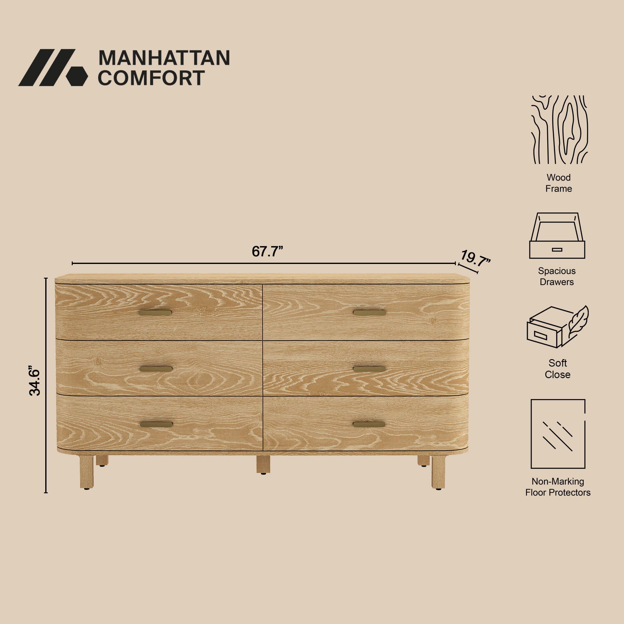 Manhattan Comfort Solara 6 Drawer Dresser, Natural Oak, large