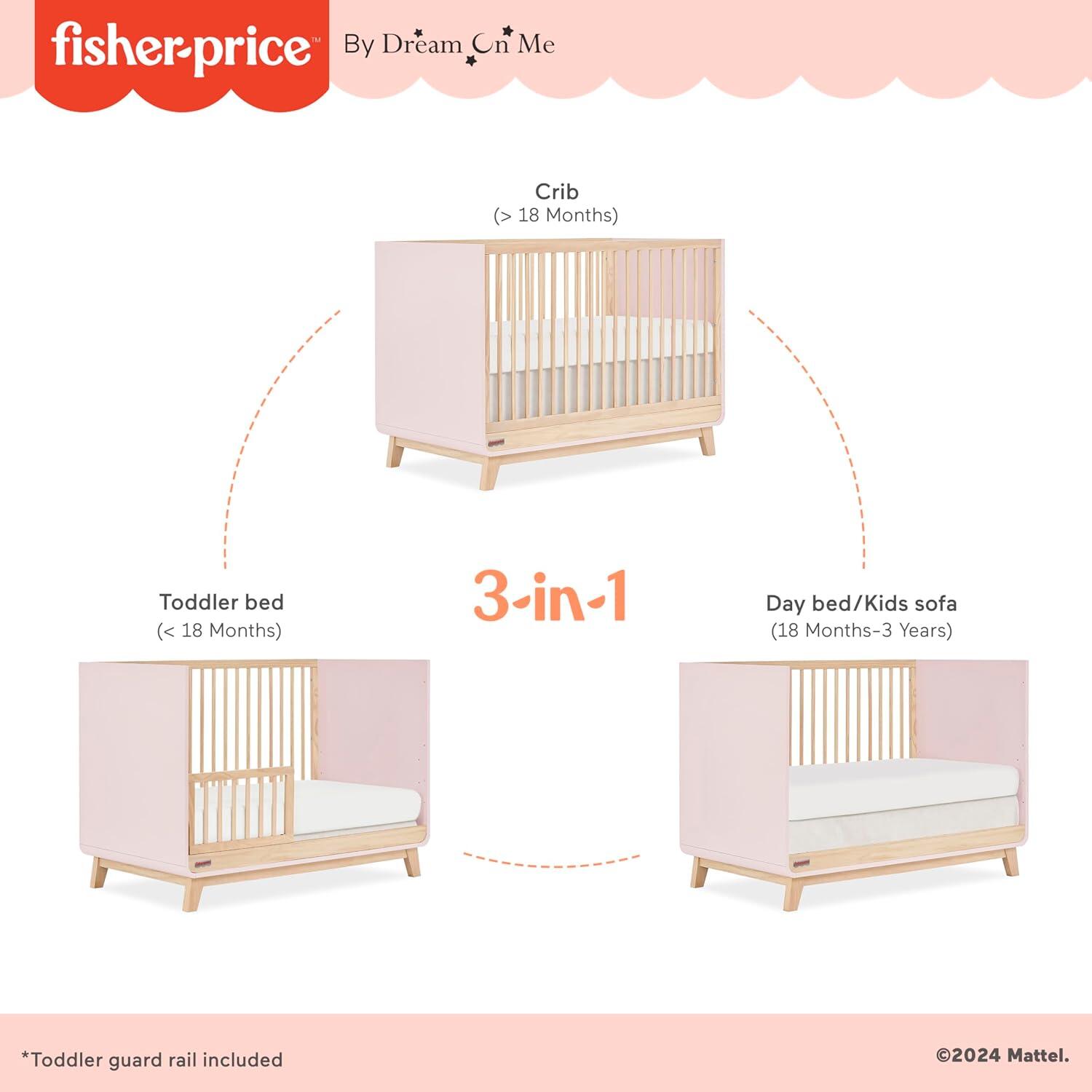 Fisher Price Siesta 3-in-1 Convertible Crib, Blush Pink/Beige, large