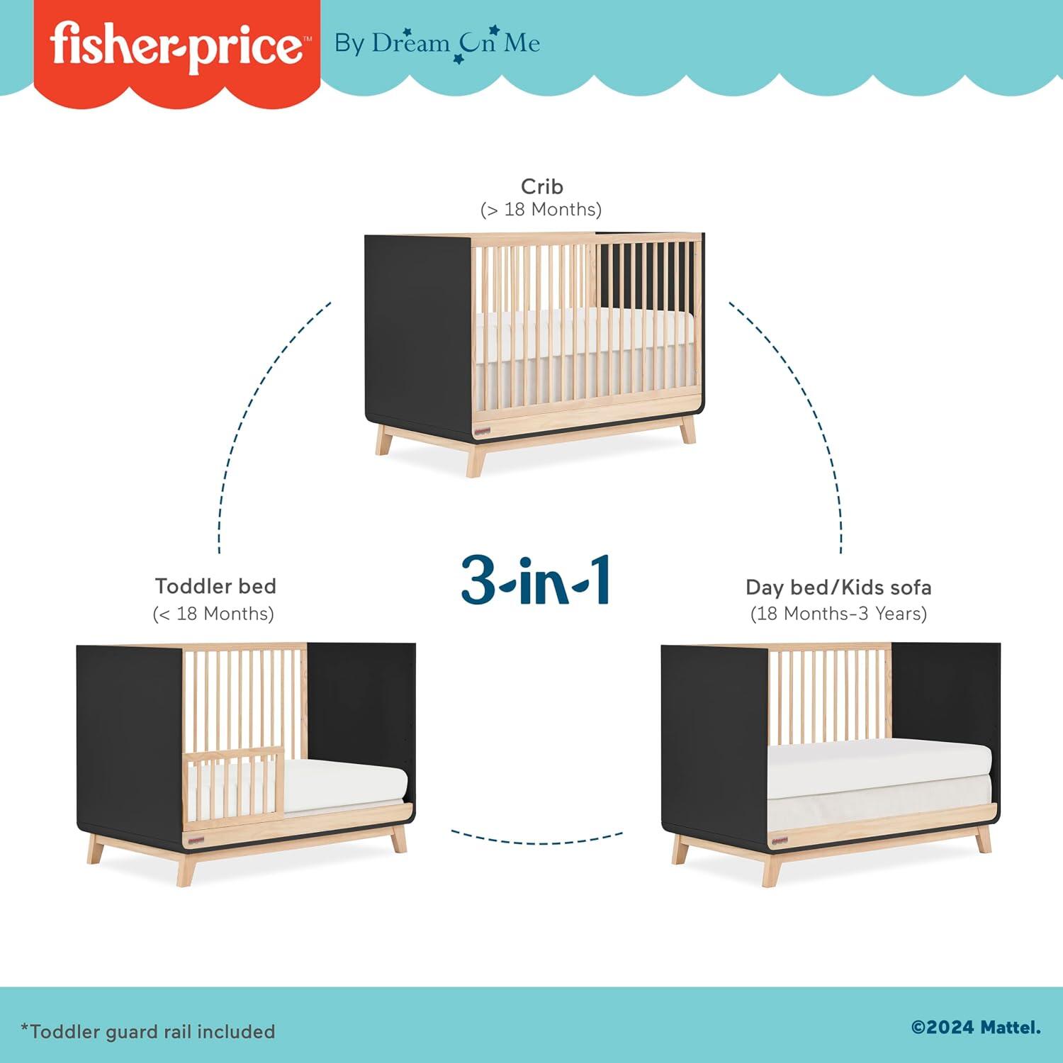 Fisher Price Siesta 3-in-1 Convertible Crib, Matte Black/Beige, large