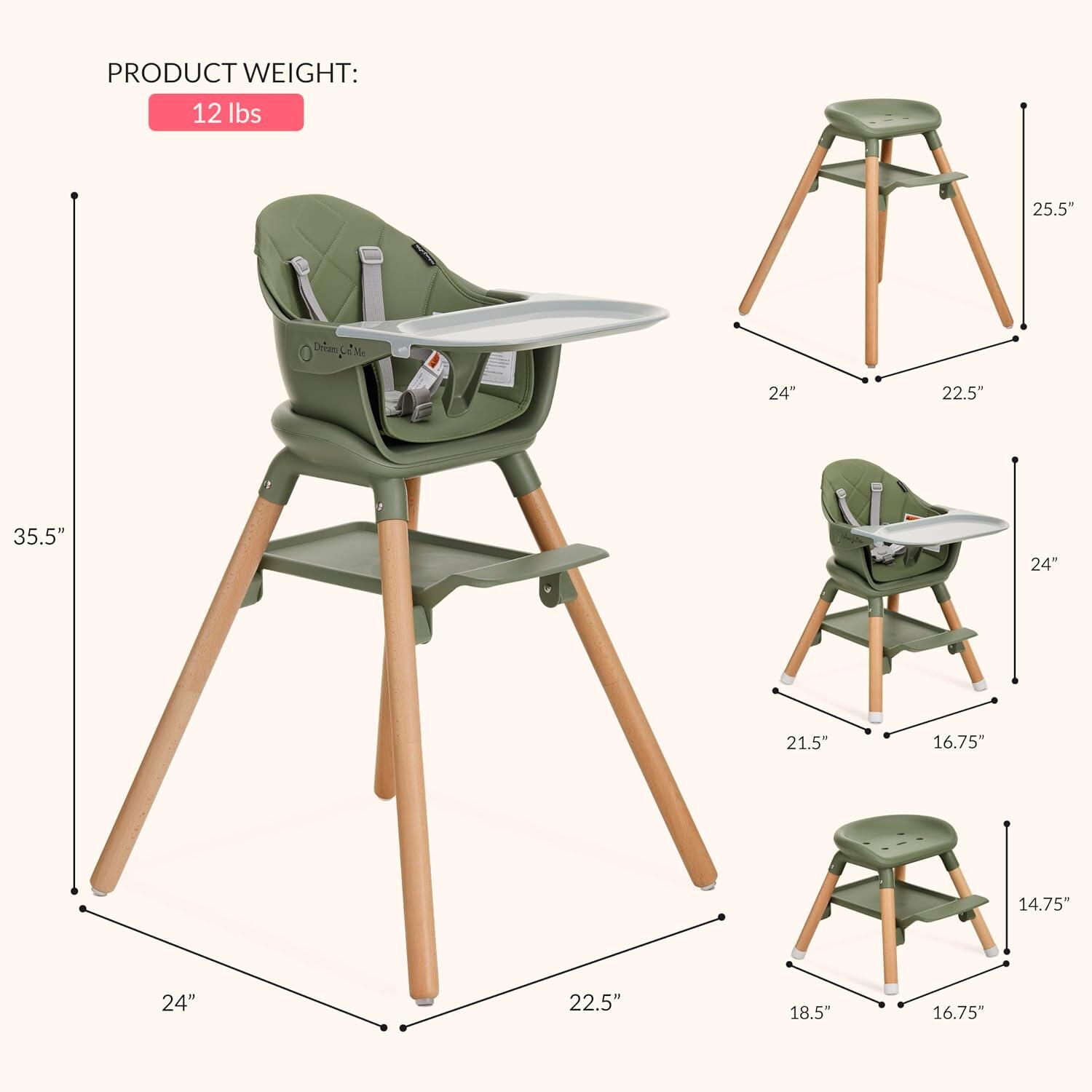 Dream On Me NibbleNest 3-in-1 Convertible High Chair, Green/Tan, large