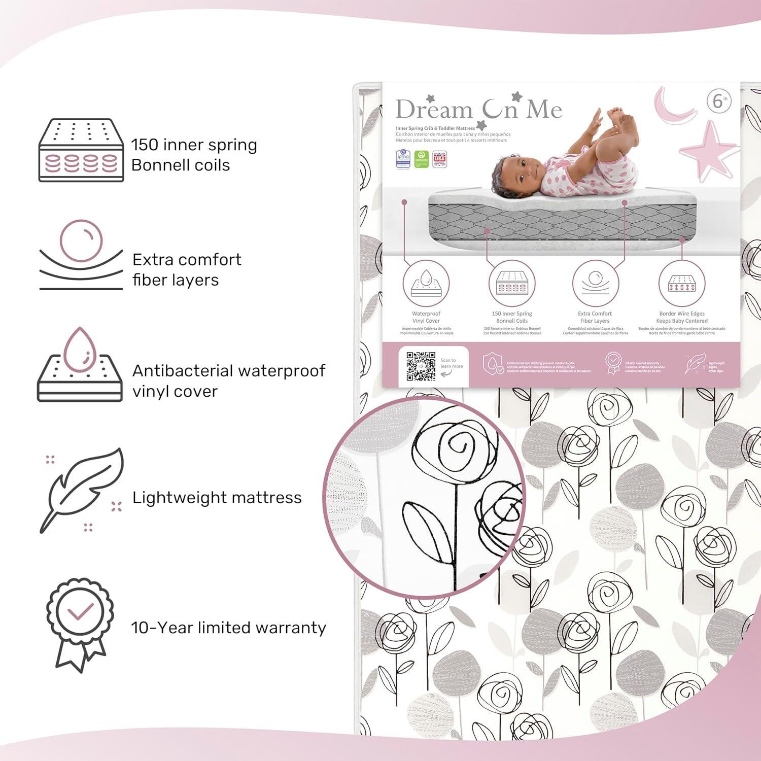 Dream On Me Endless Roses Crib and Toddler Mattress, , large