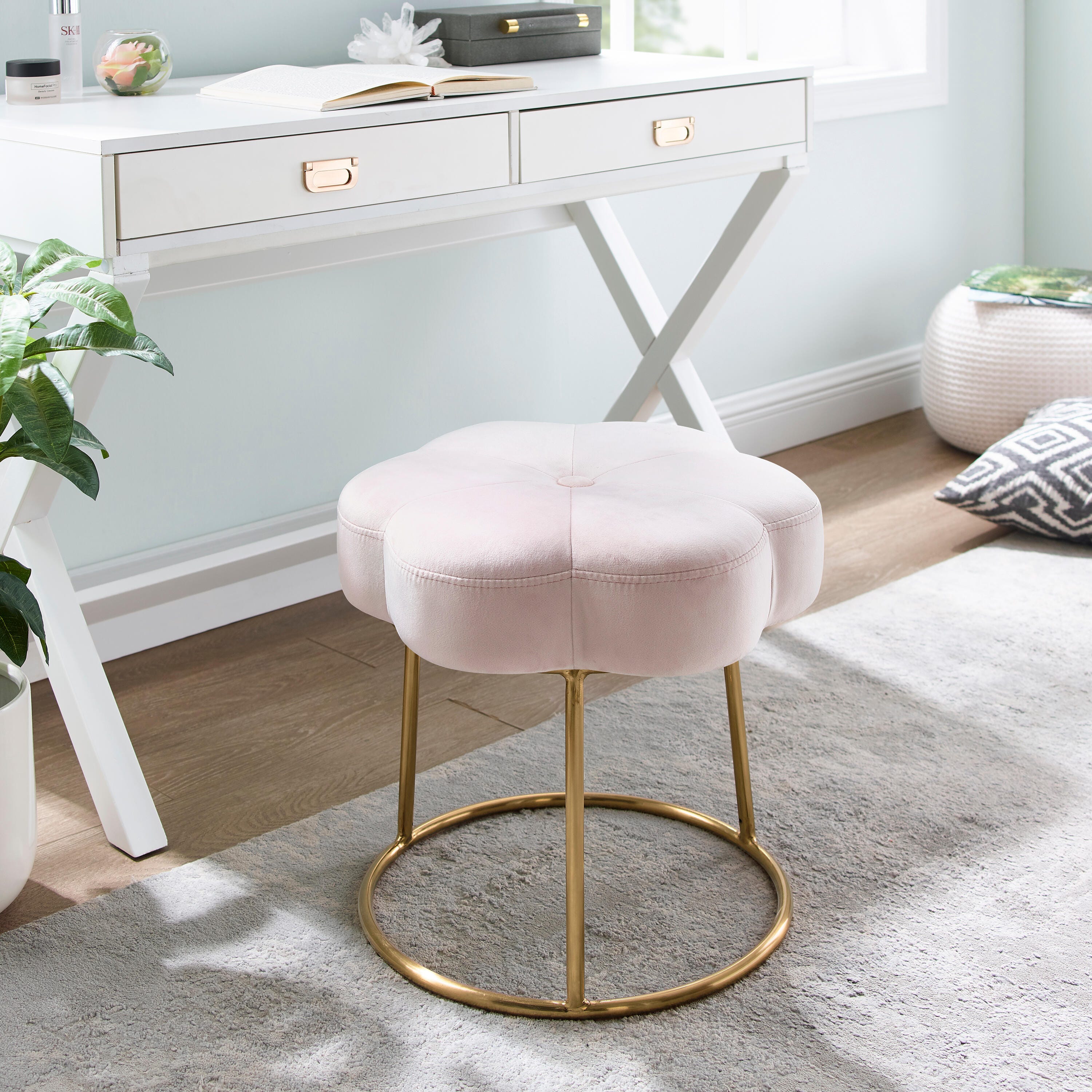 Linon Veda Vanity Stool, Pink, large