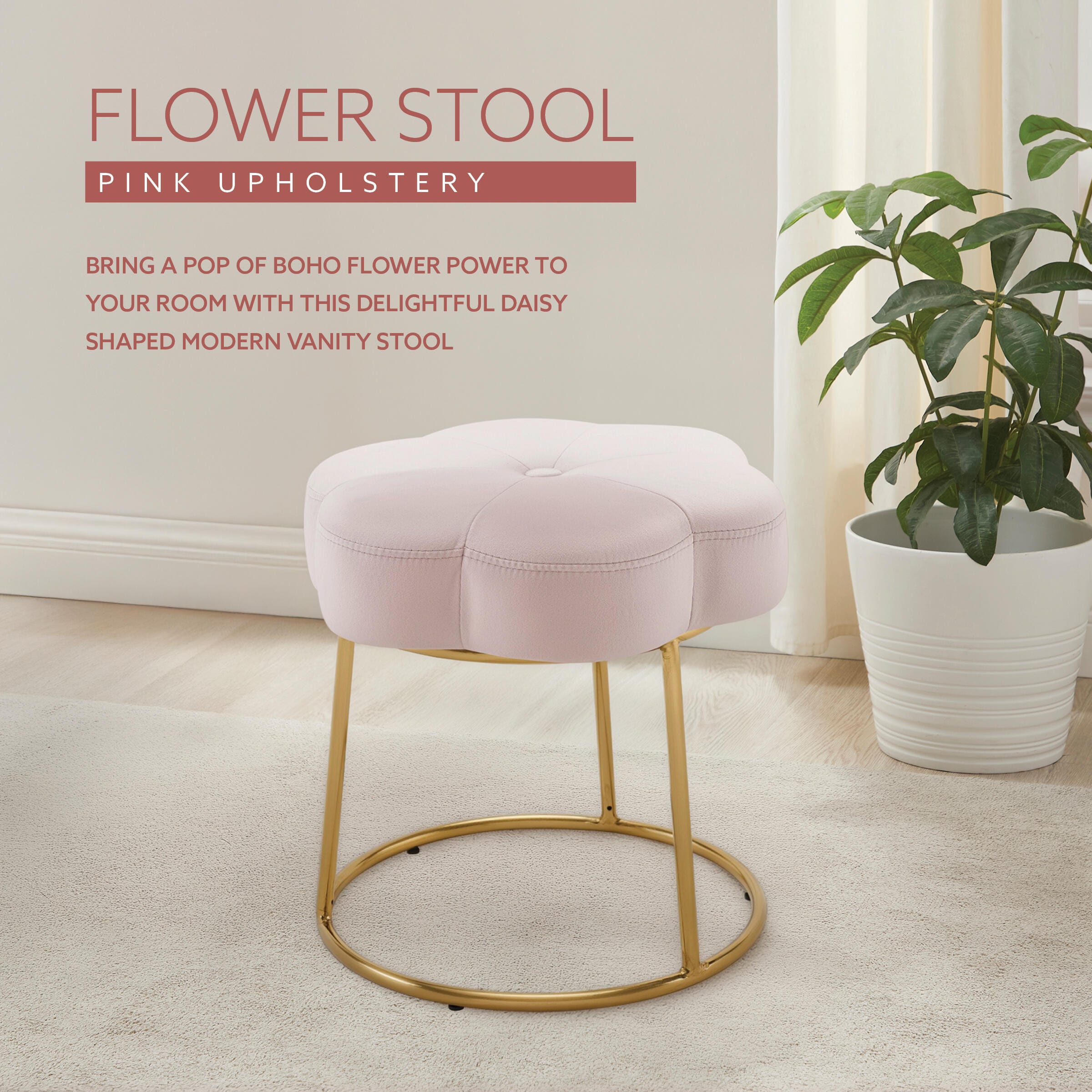 Linon Veda Vanity Stool, Pink, large