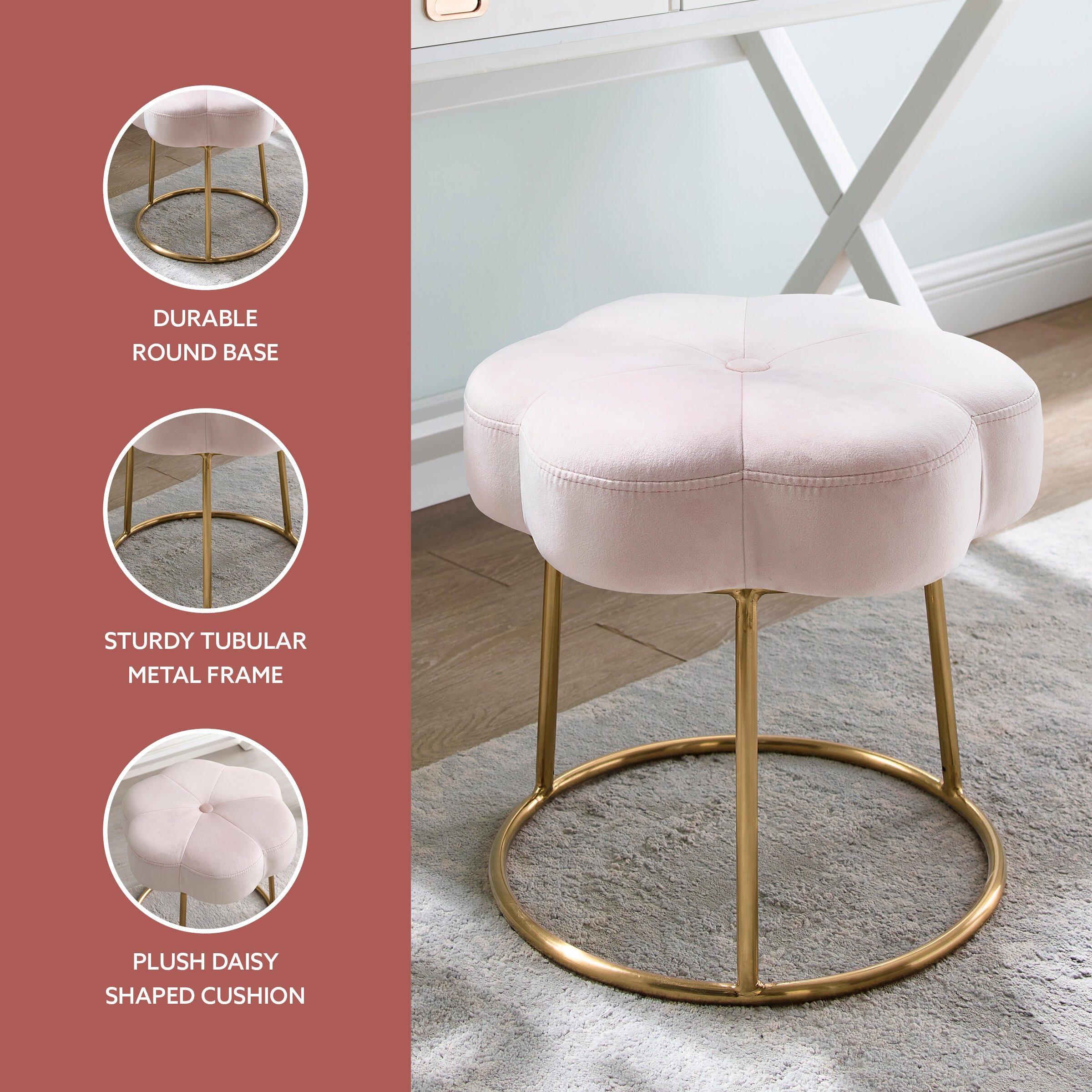Linon Veda Vanity Stool, Pink, large