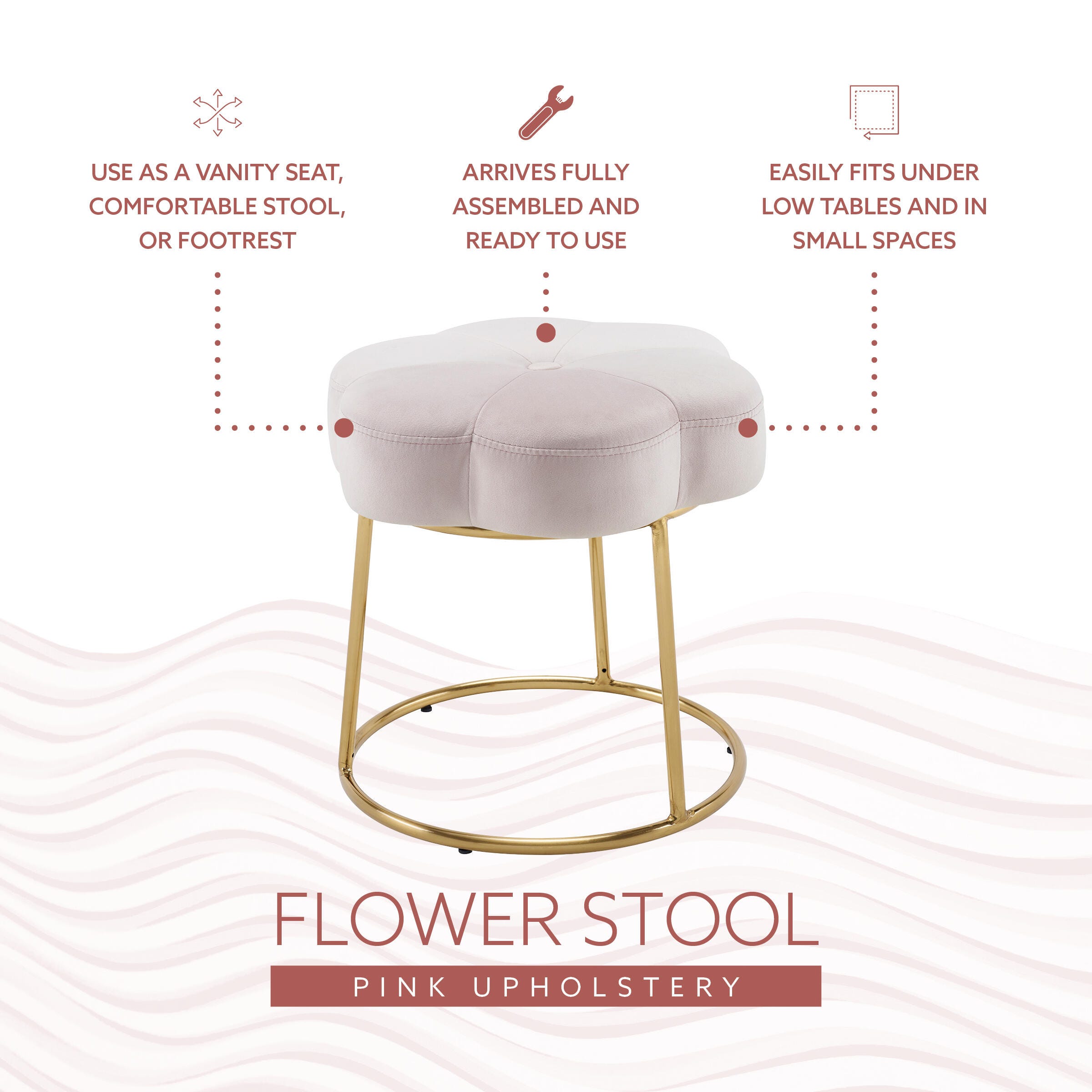 Linon Veda Vanity Stool, Pink, large