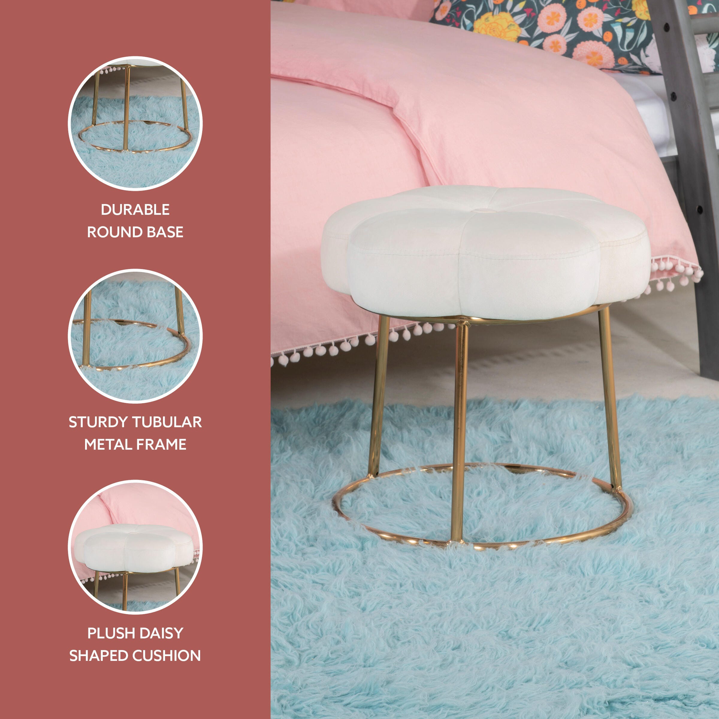 Linon Veda Vanity Stool, White, large