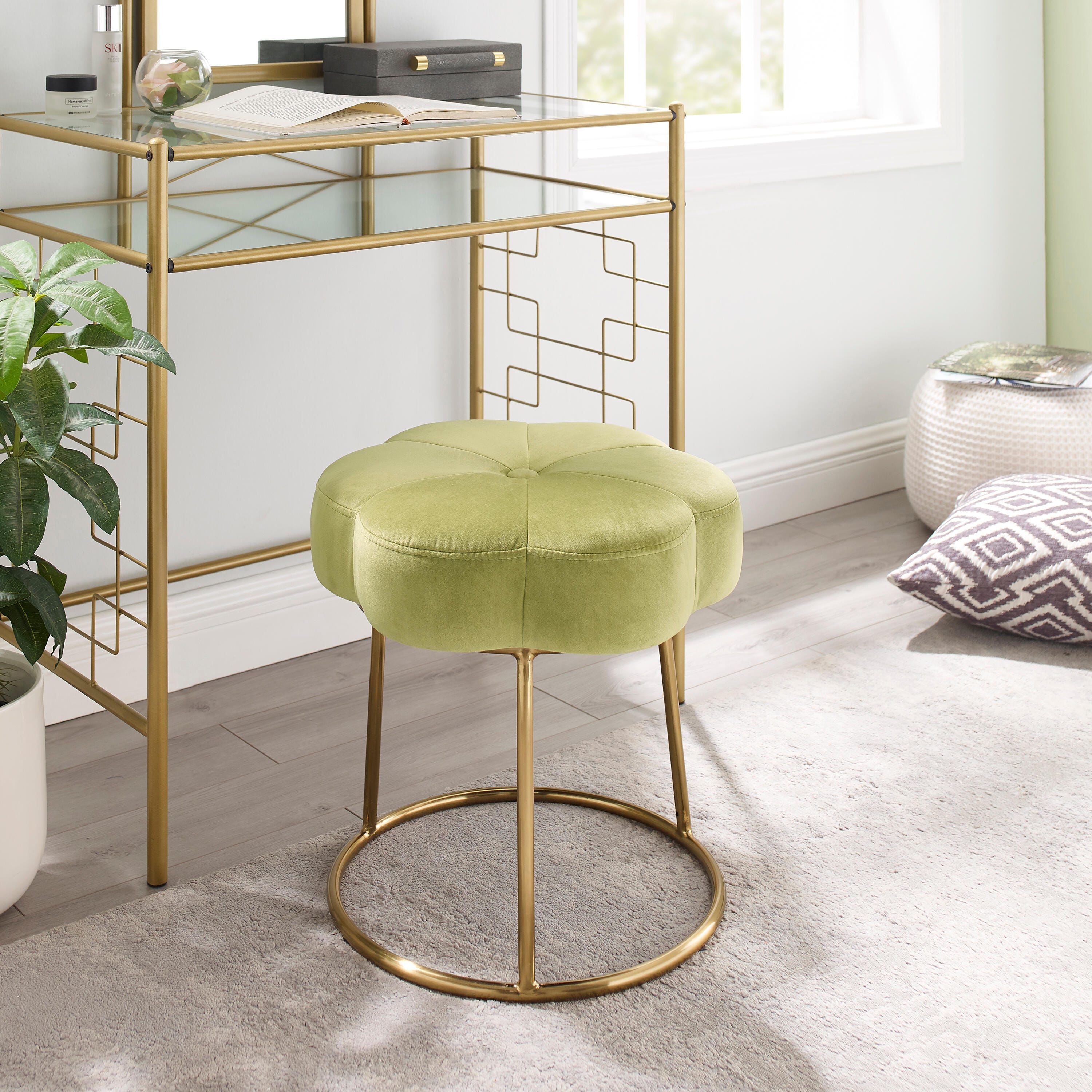 Linon Veda Vanity Stool, Green, large