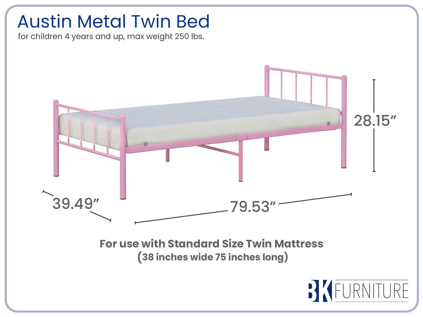 BK Furniture Austin Twin Metal Bed, Pink, large