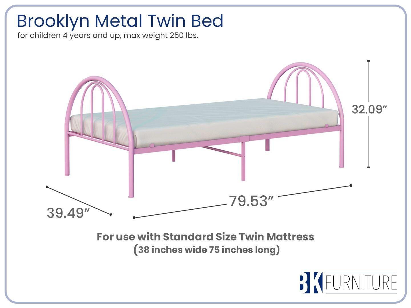 BK Furniture Brroklyn Twin Metal Bed, Pink, large