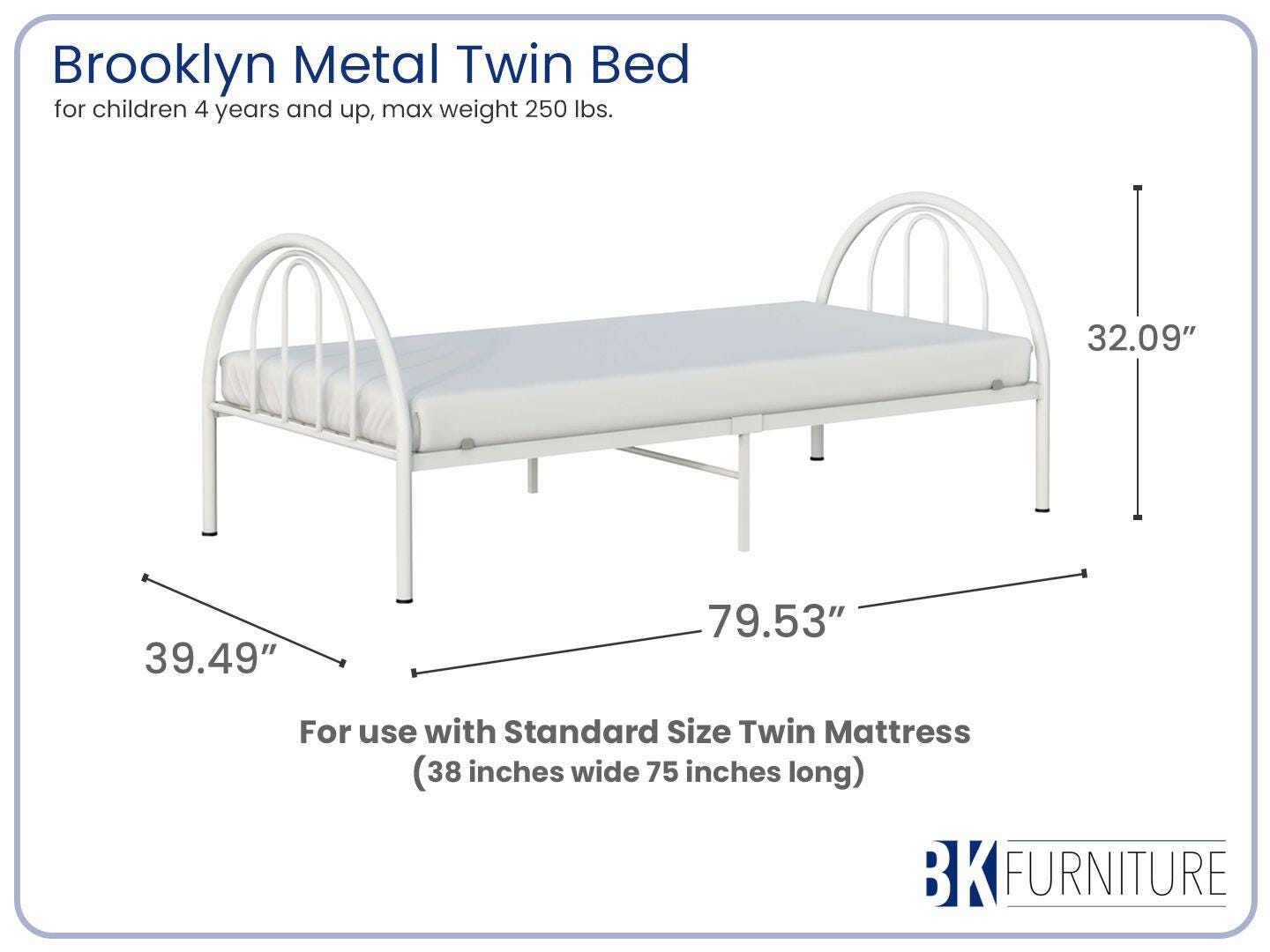 BK Furniture Brroklyn Twin Metal Bed, White, large