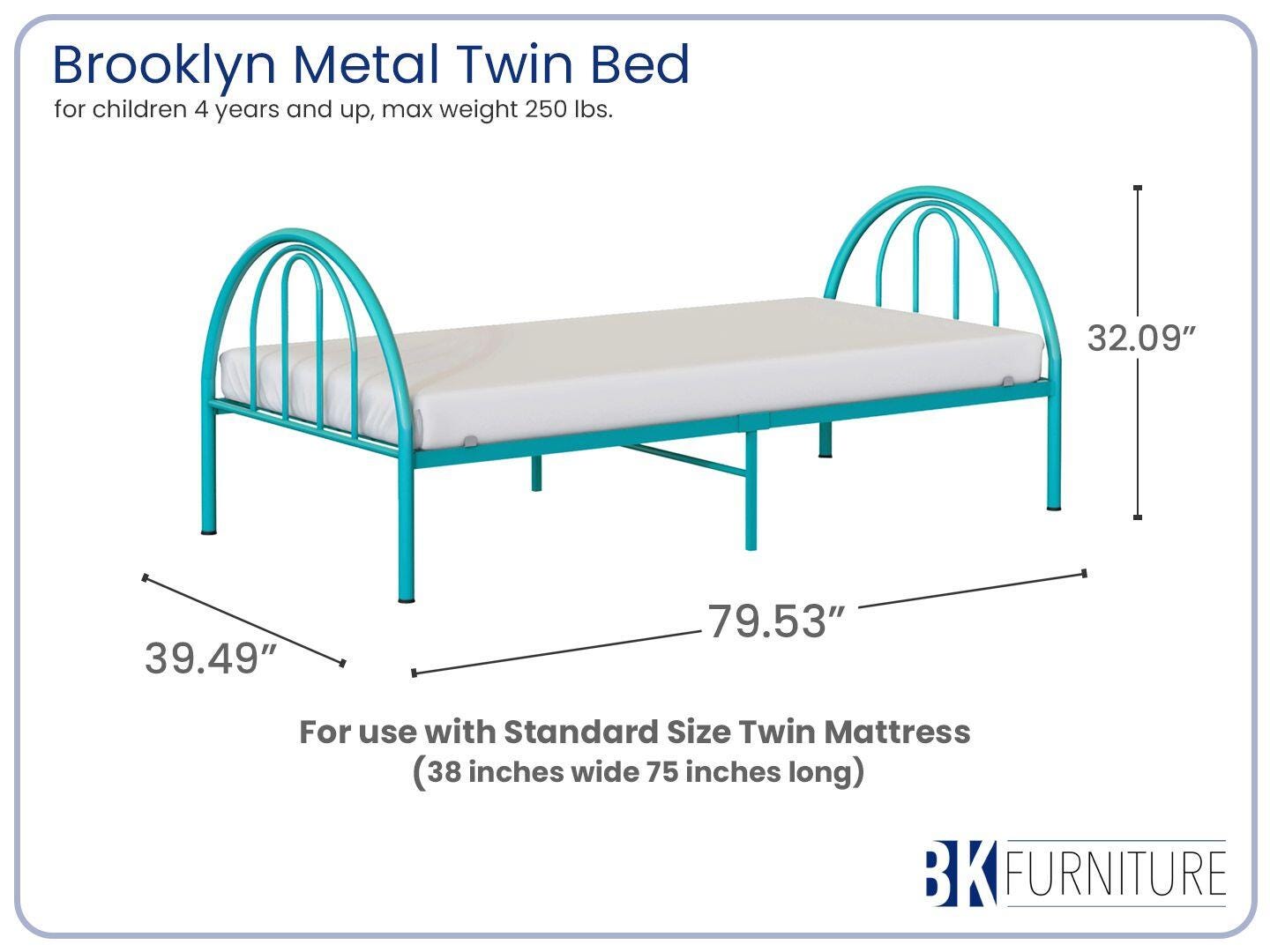 BK Furniture Brroklyn Twin Metal Bed, Turquoise, large