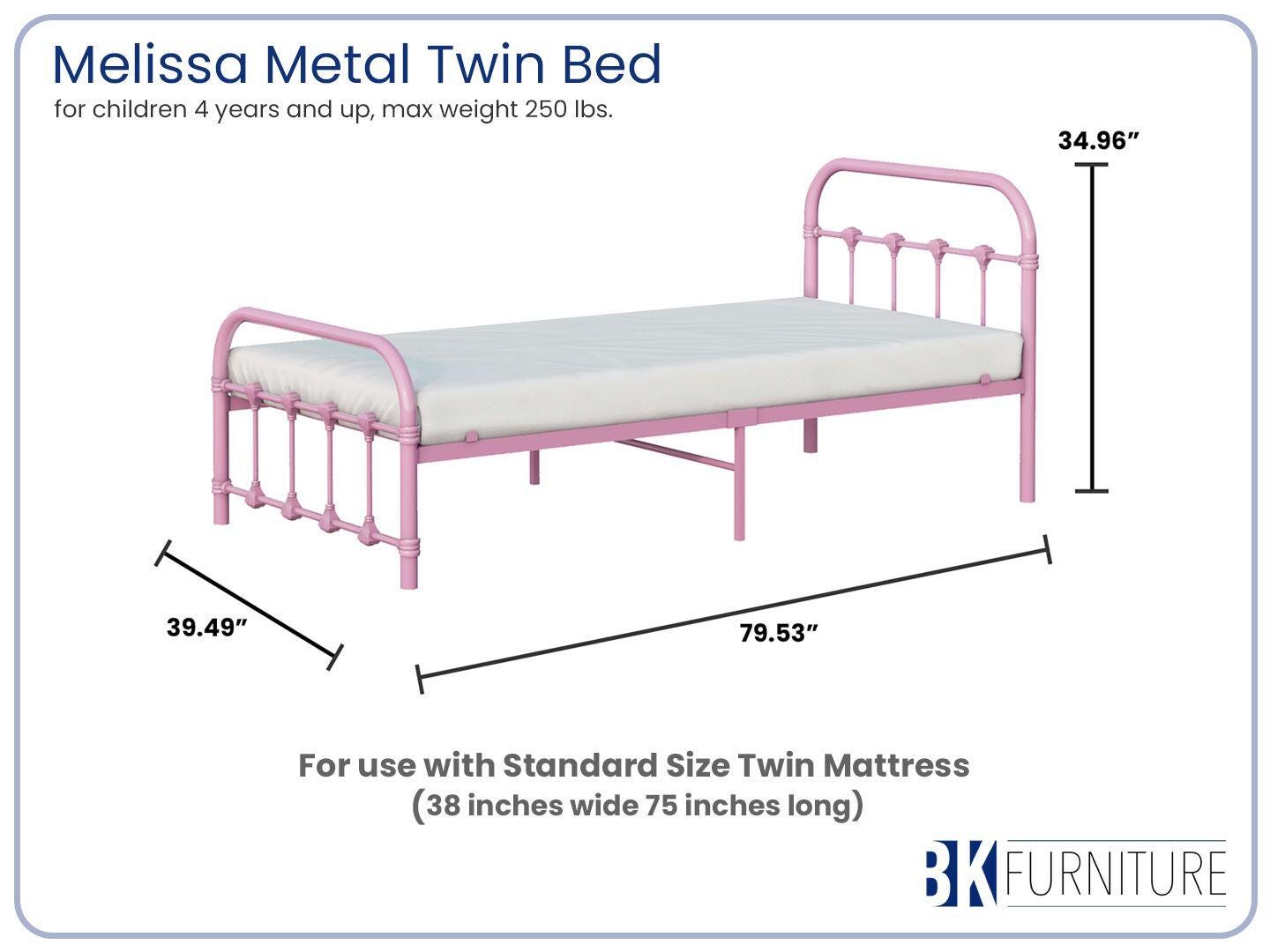 BK Furniture Melissa Twin Metal Bed, Pink, large