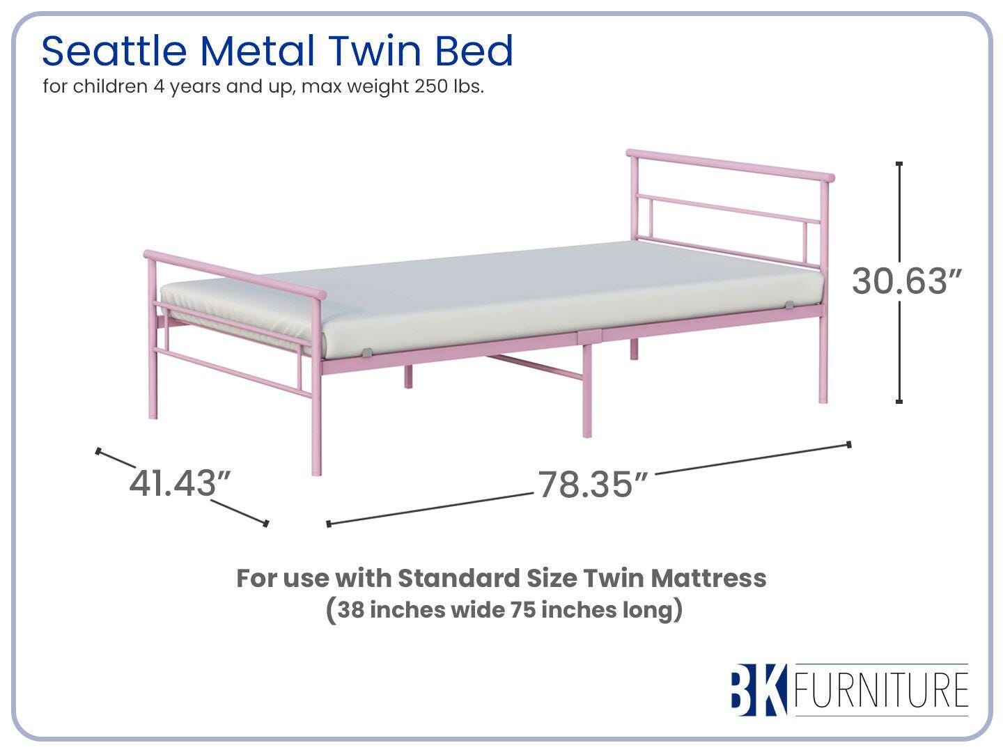 BK Furniture Seattle Twin Metal Bed, Pink, large