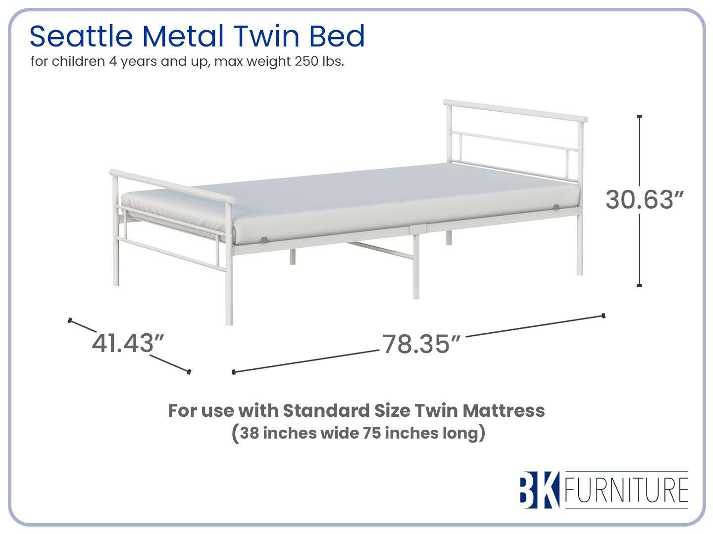 BK Furniture Seattle Twin Metal Bed, White, large