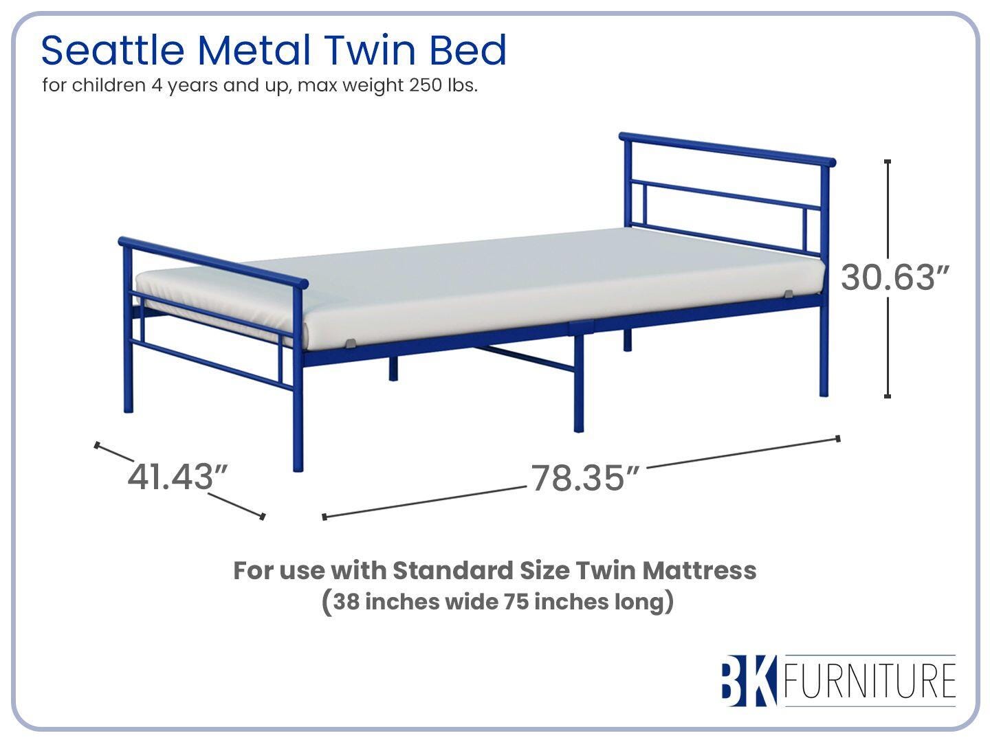 BK Furniture Seattle Twin Metal Bed, Blue, large