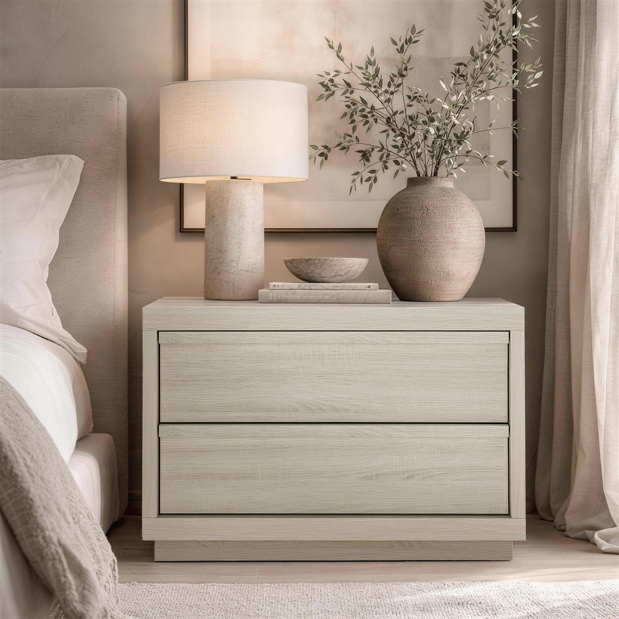 Manhattan Comfort Navis 32" 2 Drawer Nightstand, Whitewashed Oak, rollover