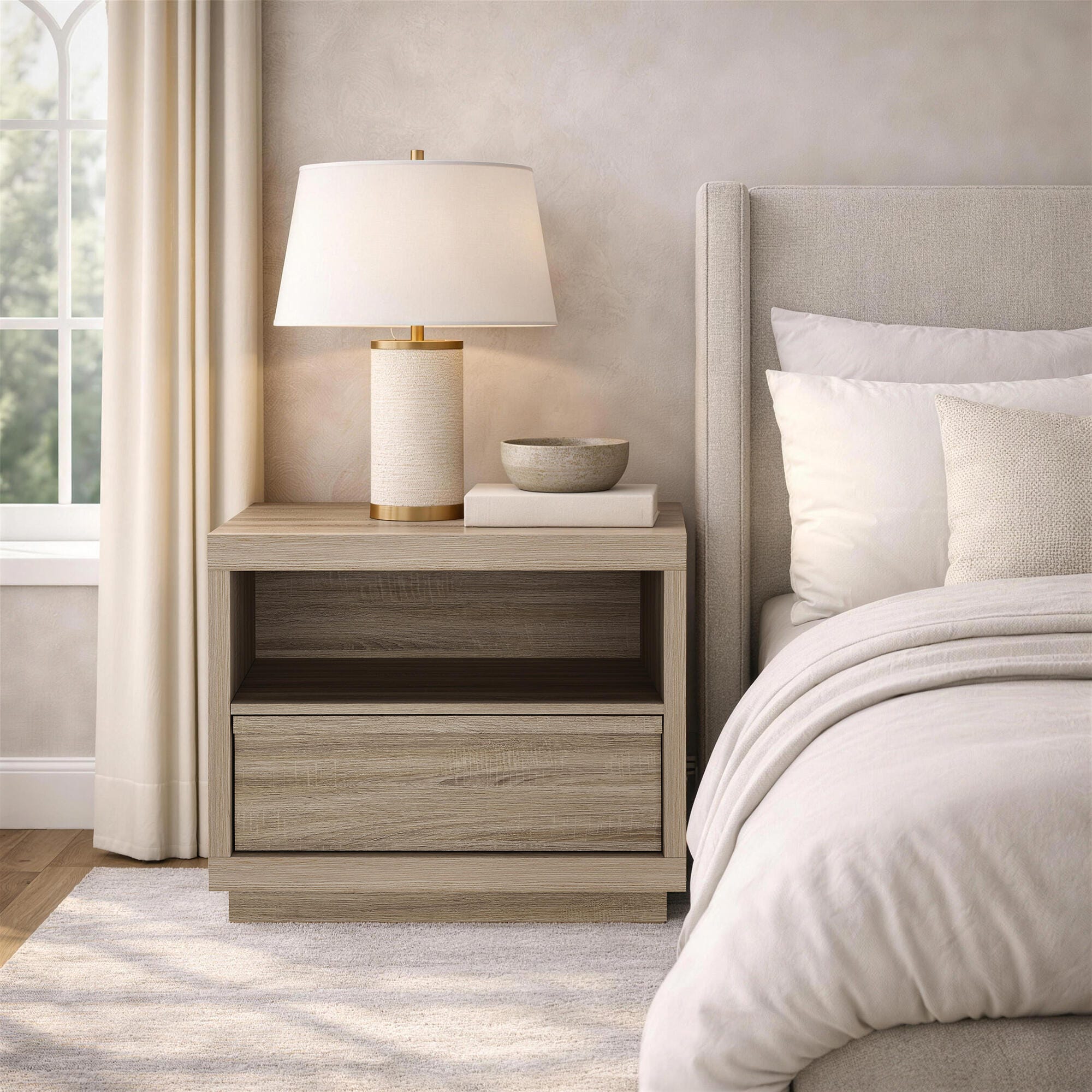 Manhattan Comfort Navis 26" 1 Drawer Nightstand, Natural Oak, rollover