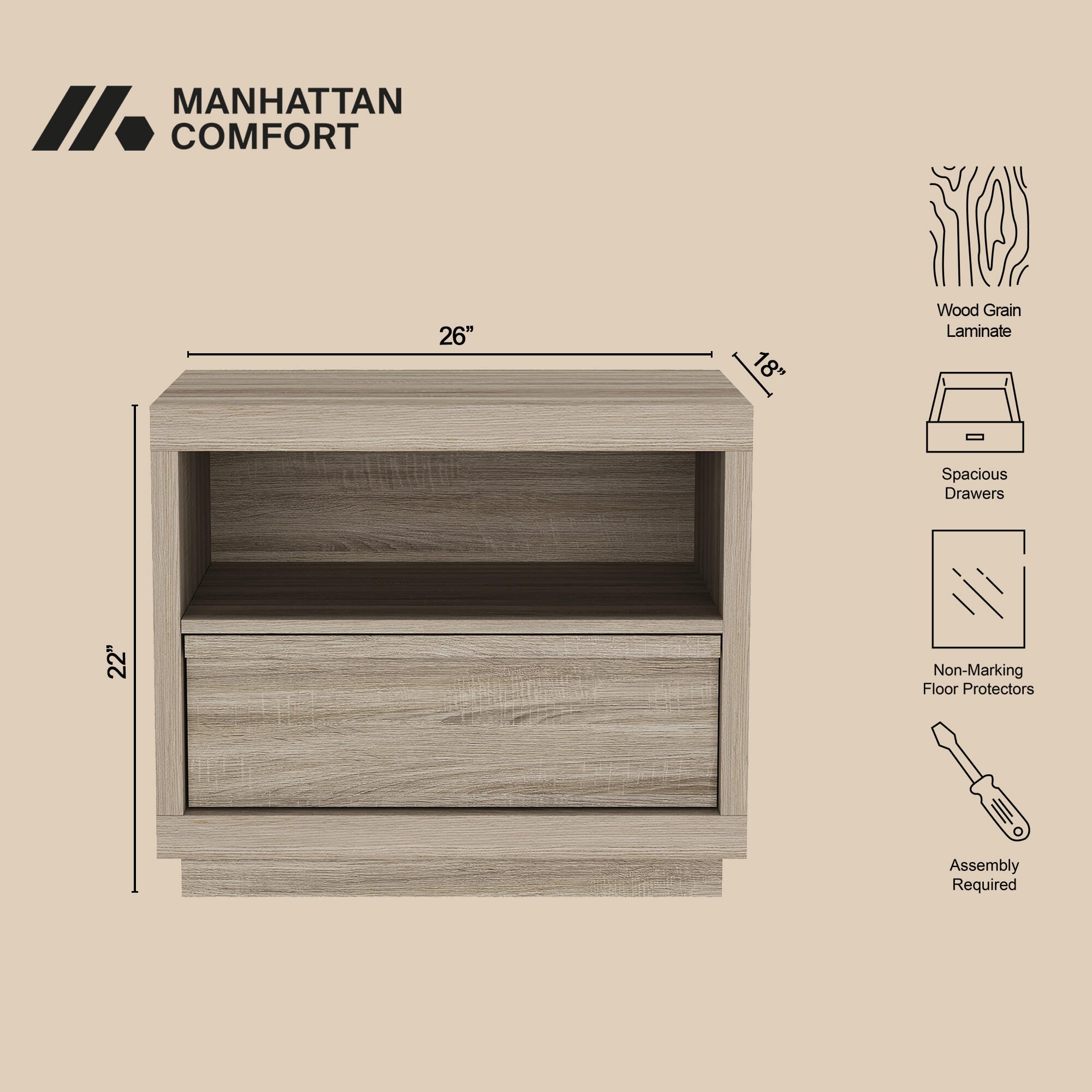 Manhattan Comfort Navis 26" 1 Drawer Nightstand, Natural Oak, large