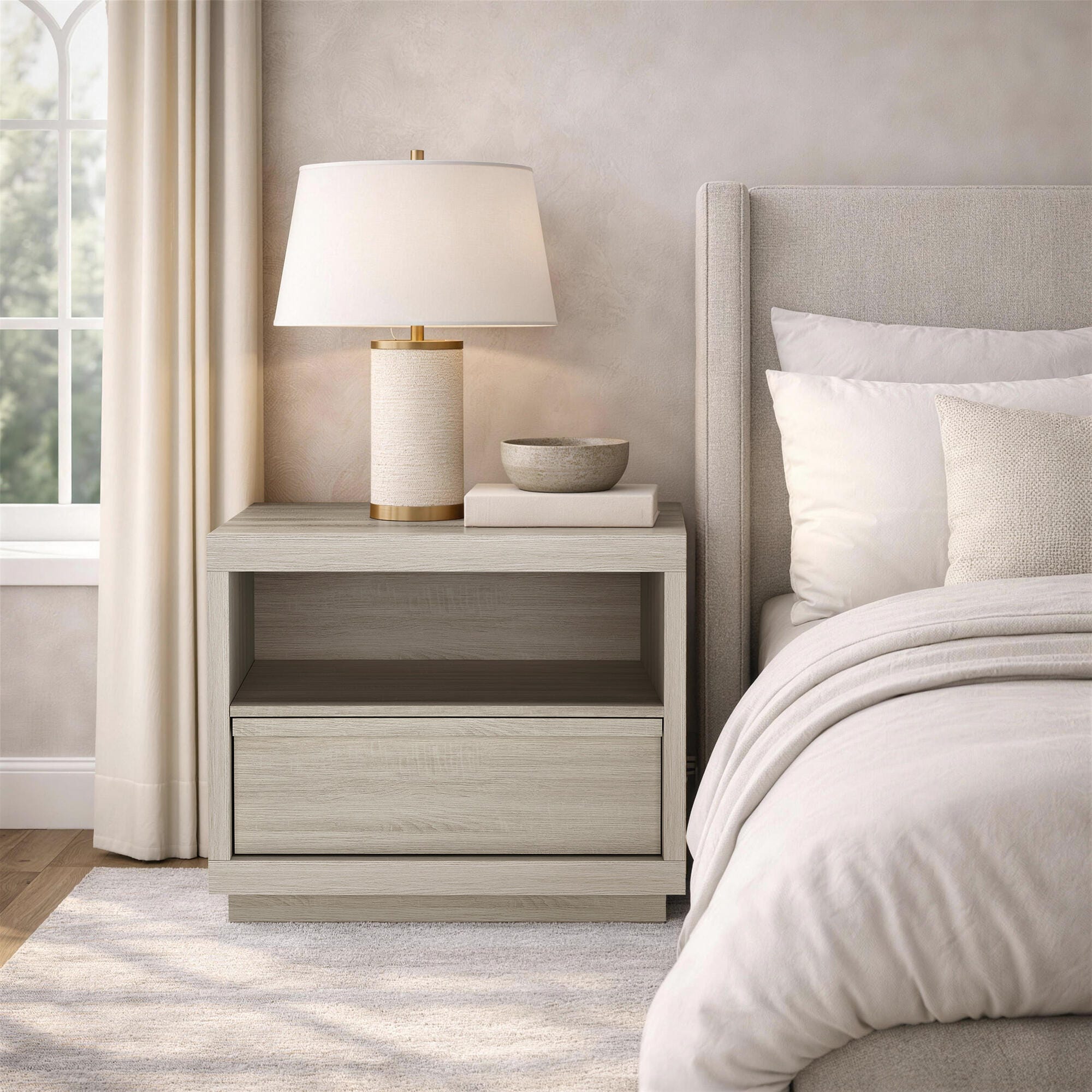 Manhattan Comfort Navis 26" 1 Drawer Nightstand, Whitewashed Oak, rollover
