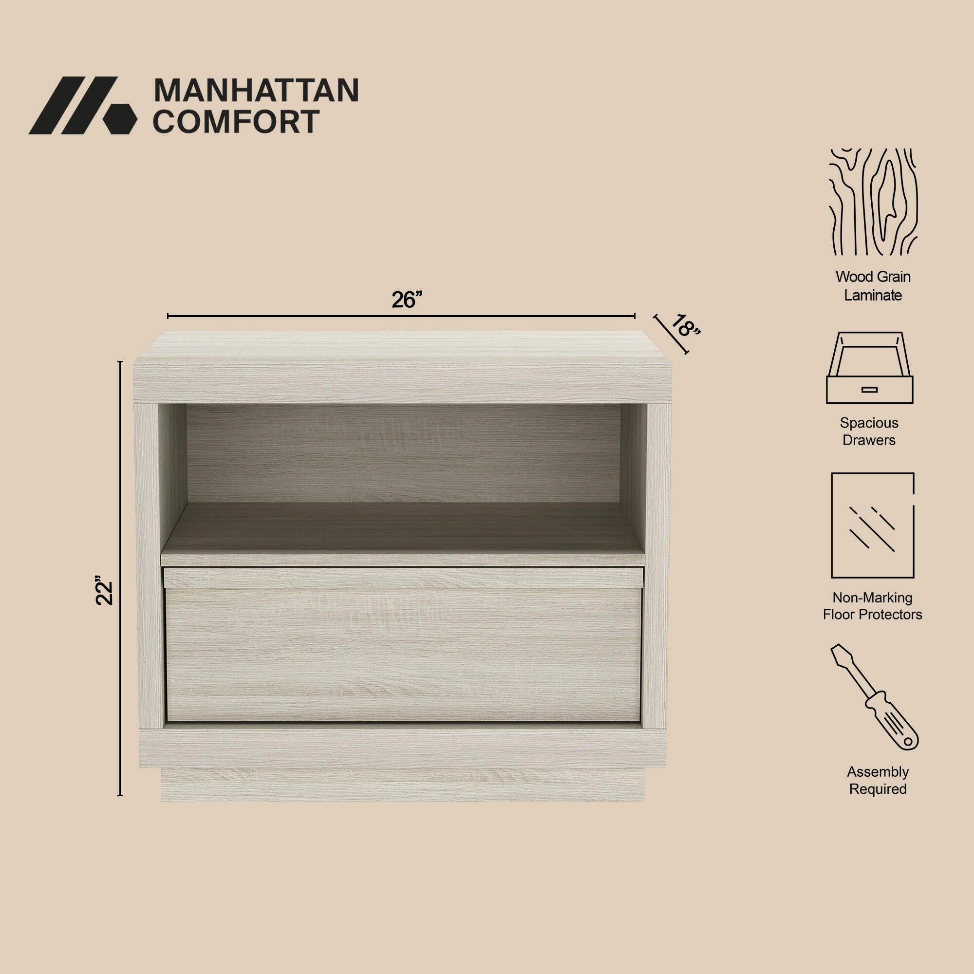 Manhattan Comfort Navis 26" 1 Drawer Nightstand, Whitewashed Oak, large