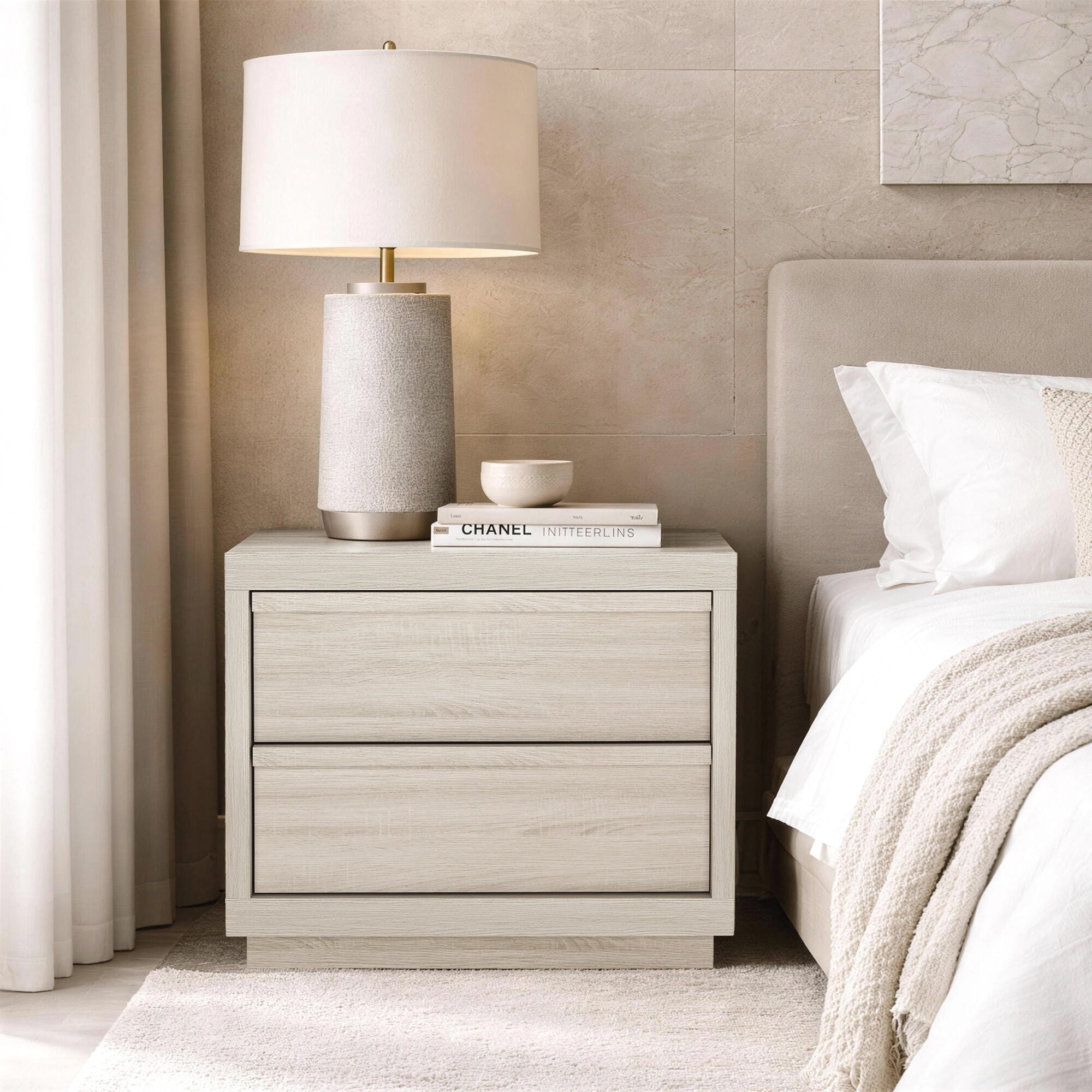 Manhattan Comfort Navis 26" 2 Drawer Nightstand, Whitewashed Oak, rollover