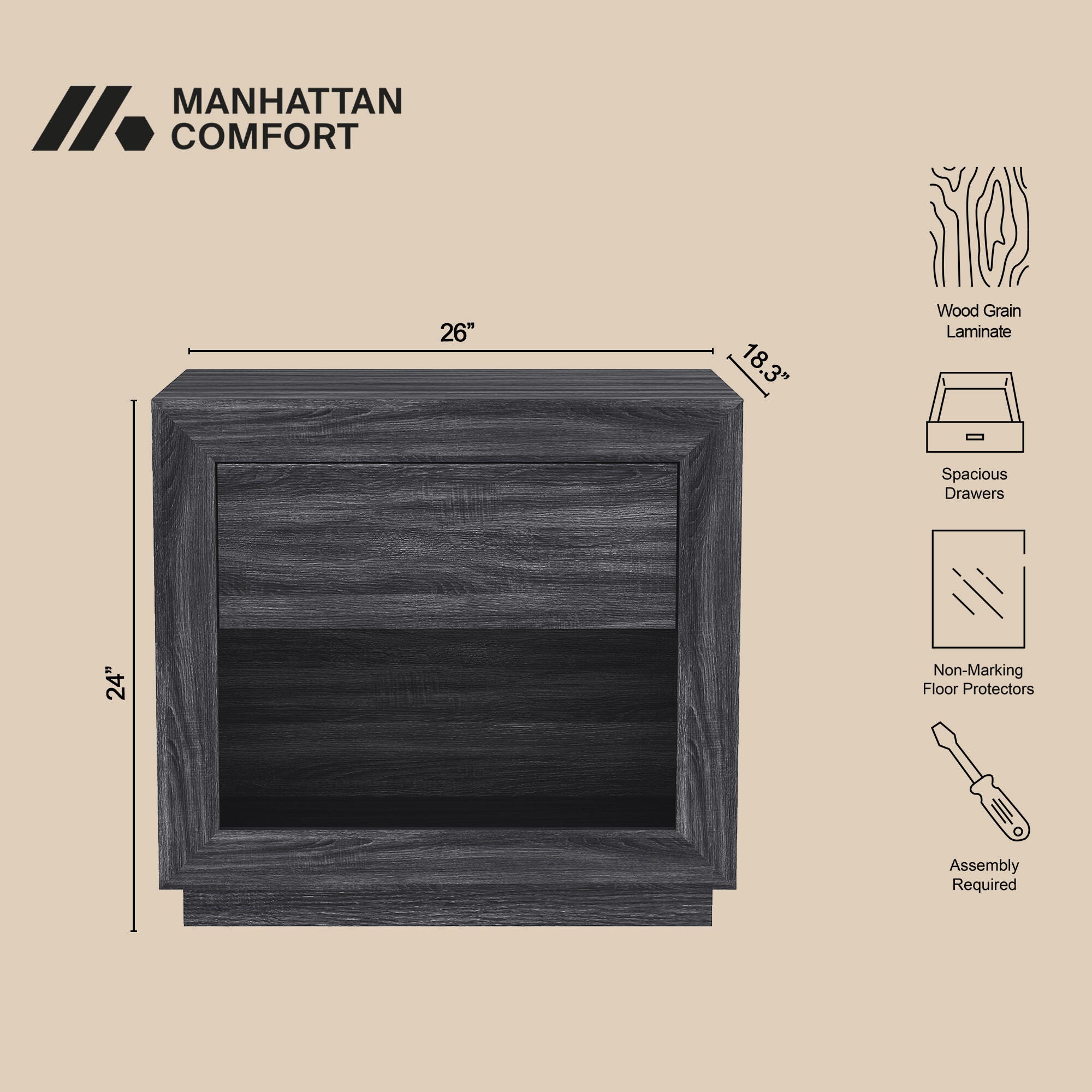 Manhattan Comfort Soren 26" 1 Drawer Nightstand, Charcoal Gray, large
