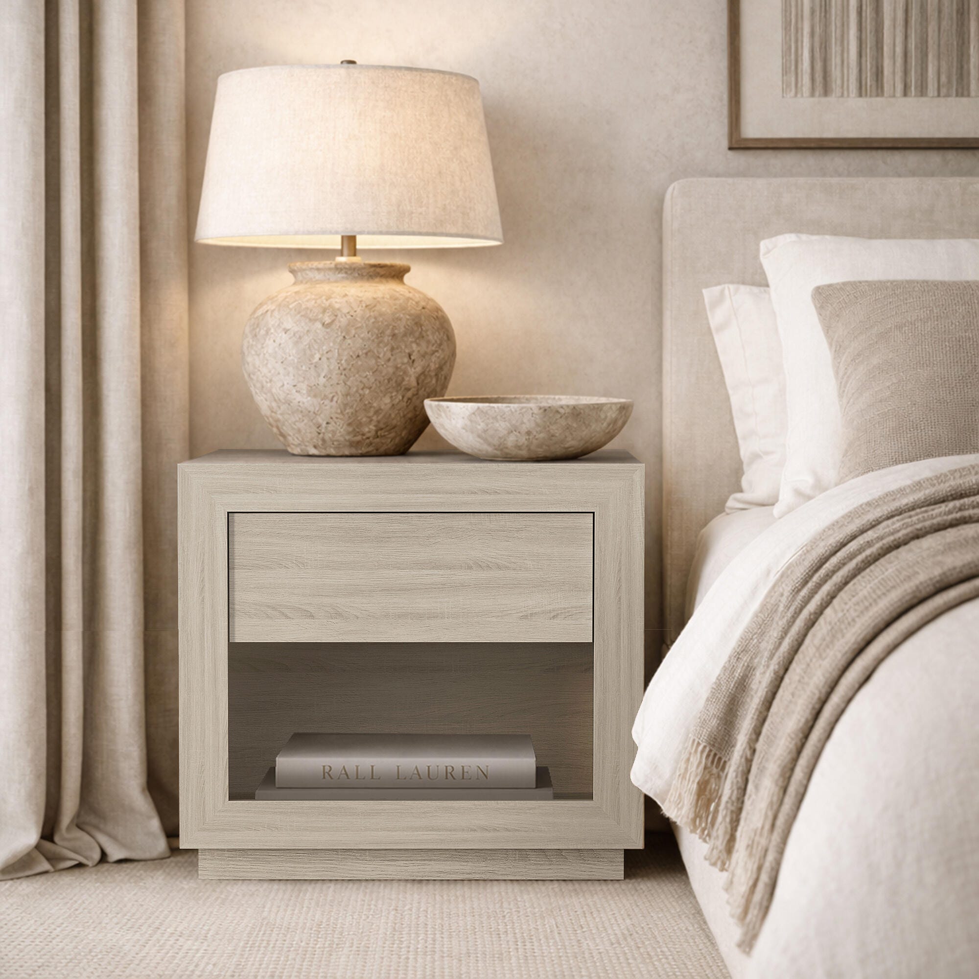 Manhattan Comfort Soren 26" 1 Drawer Nightstand, Whitewashed Oak, rollover