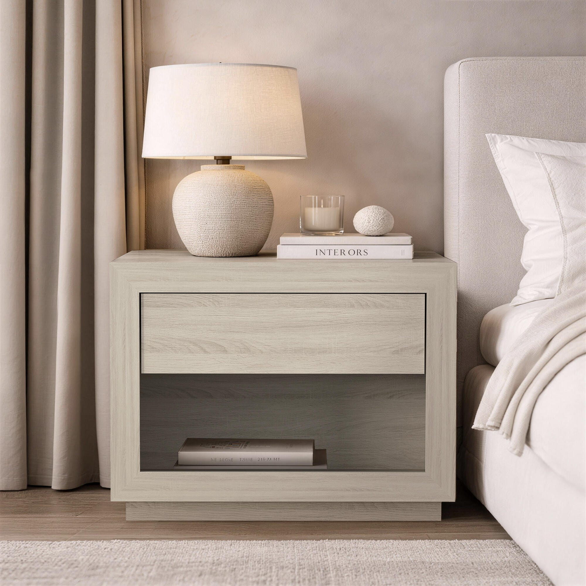 Manhattan Comfort Soren 32" 1 Drawer Nightstand, Whitewashed Oak, rollover