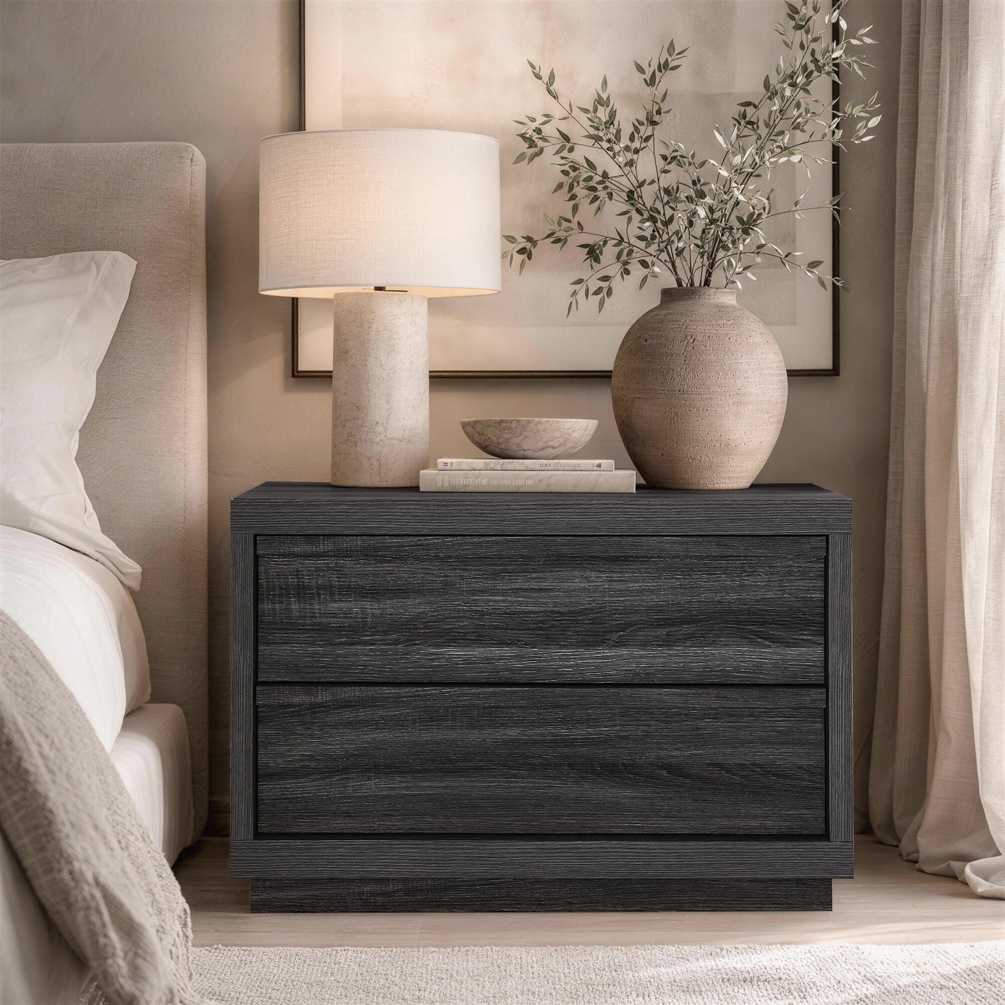 Manhattan Comfort Navis 32" 2 Drawer Nightstand, Charcoal Gray, rollover