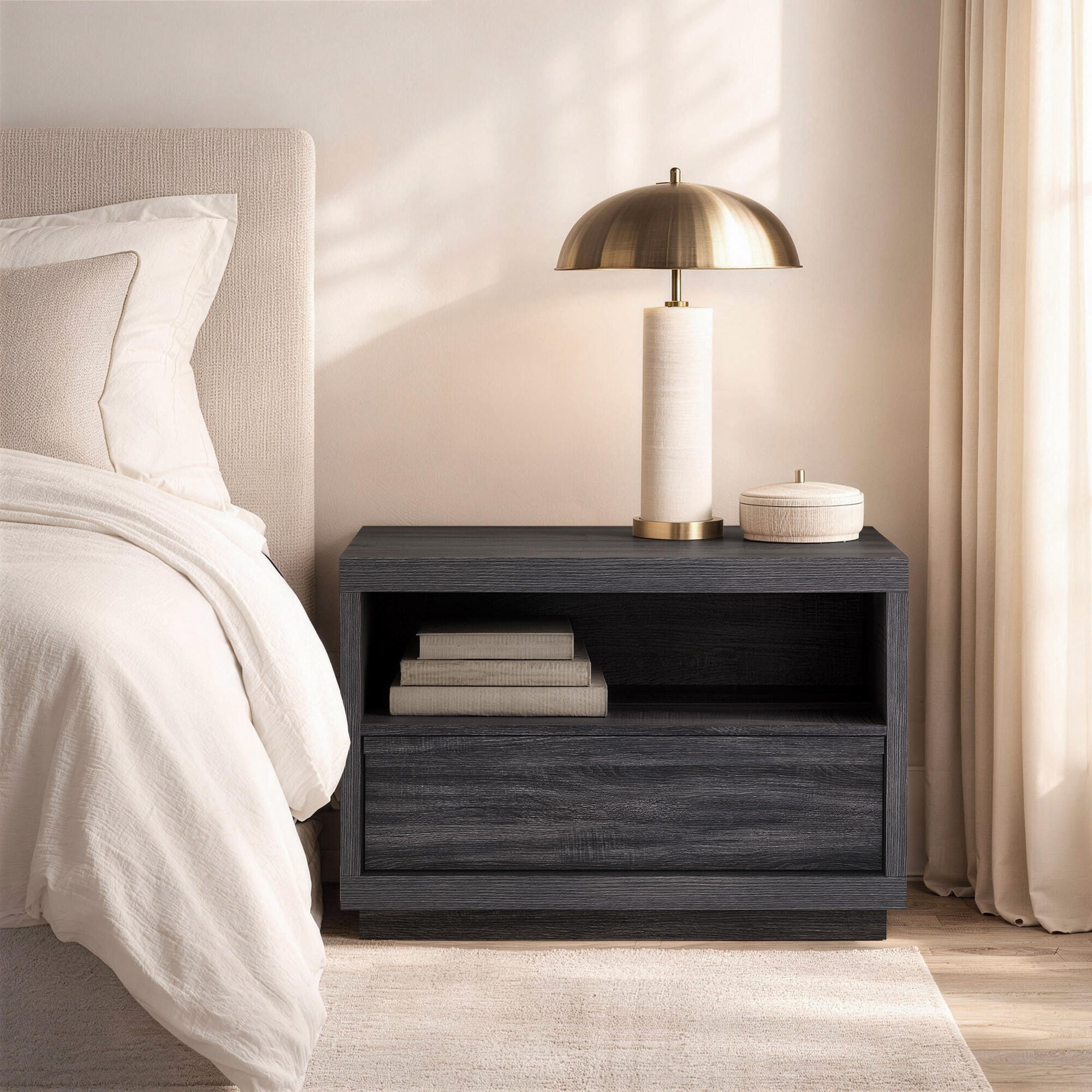 Manhattan Comfort Navis 32" 1 Drawer Nightstand, Charcoal Gray, rollover