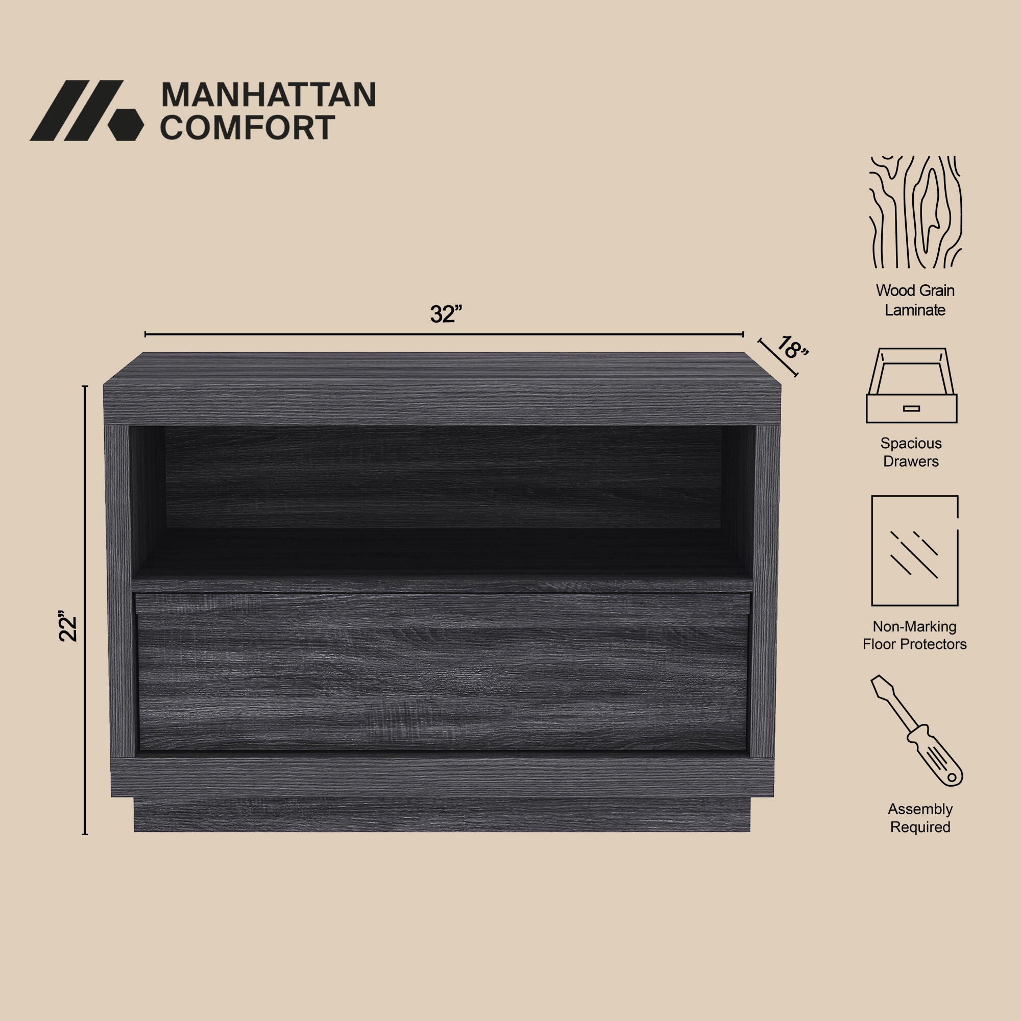 Manhattan Comfort Navis 32" 1 Drawer Nightstand, Charcoal Gray, large
