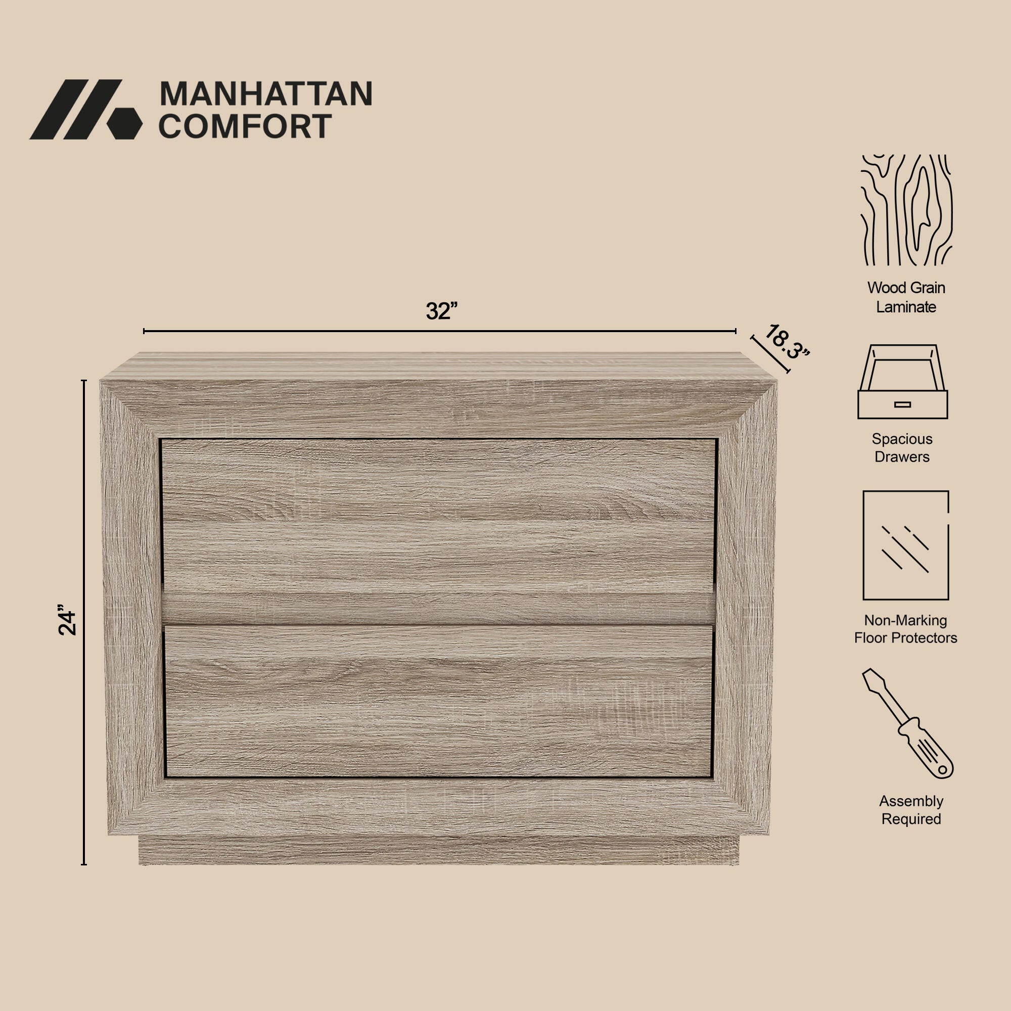 Manhattan Comfort Soren 32" 2 Drawer Nightstand, Natural Oak, large