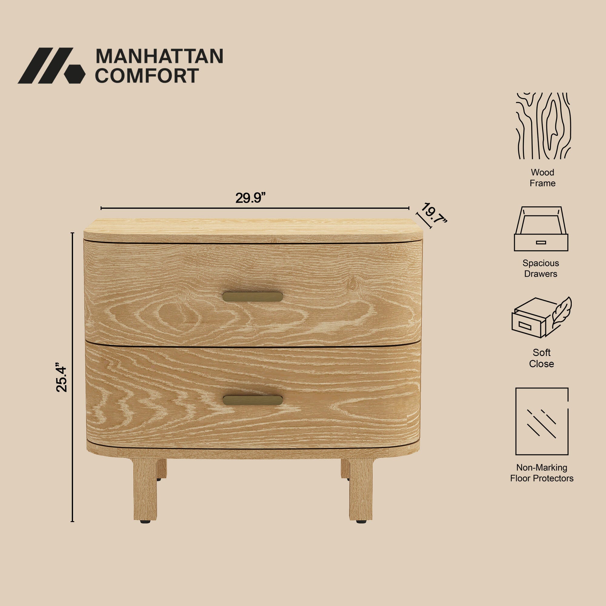 Manhattan Comfort Solara 30" 2 Drawer Nightstand, Natural Oak, large