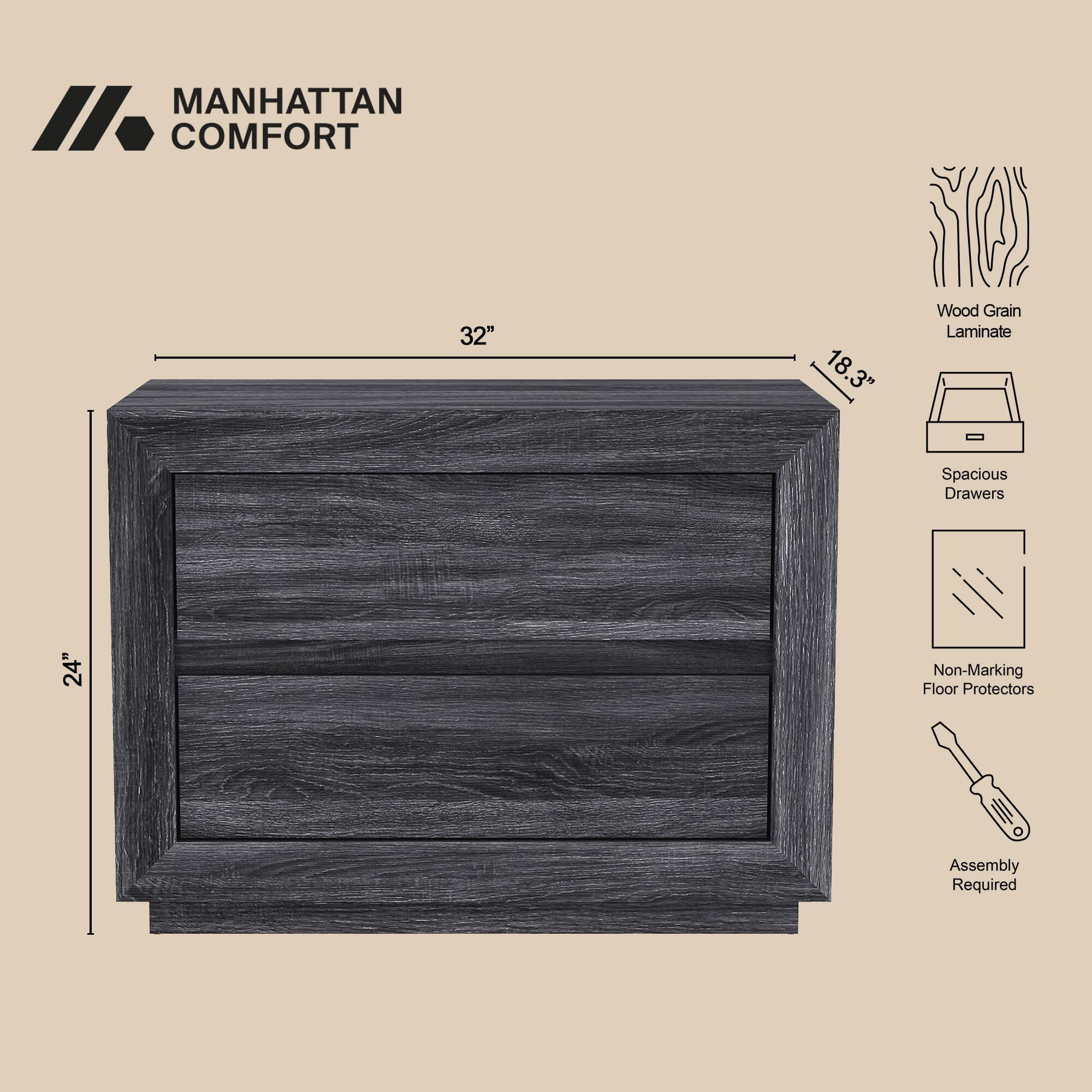 Manhattan Comfort Soren 32" 2 Drawer Nightstand, Charcoal Gray, large