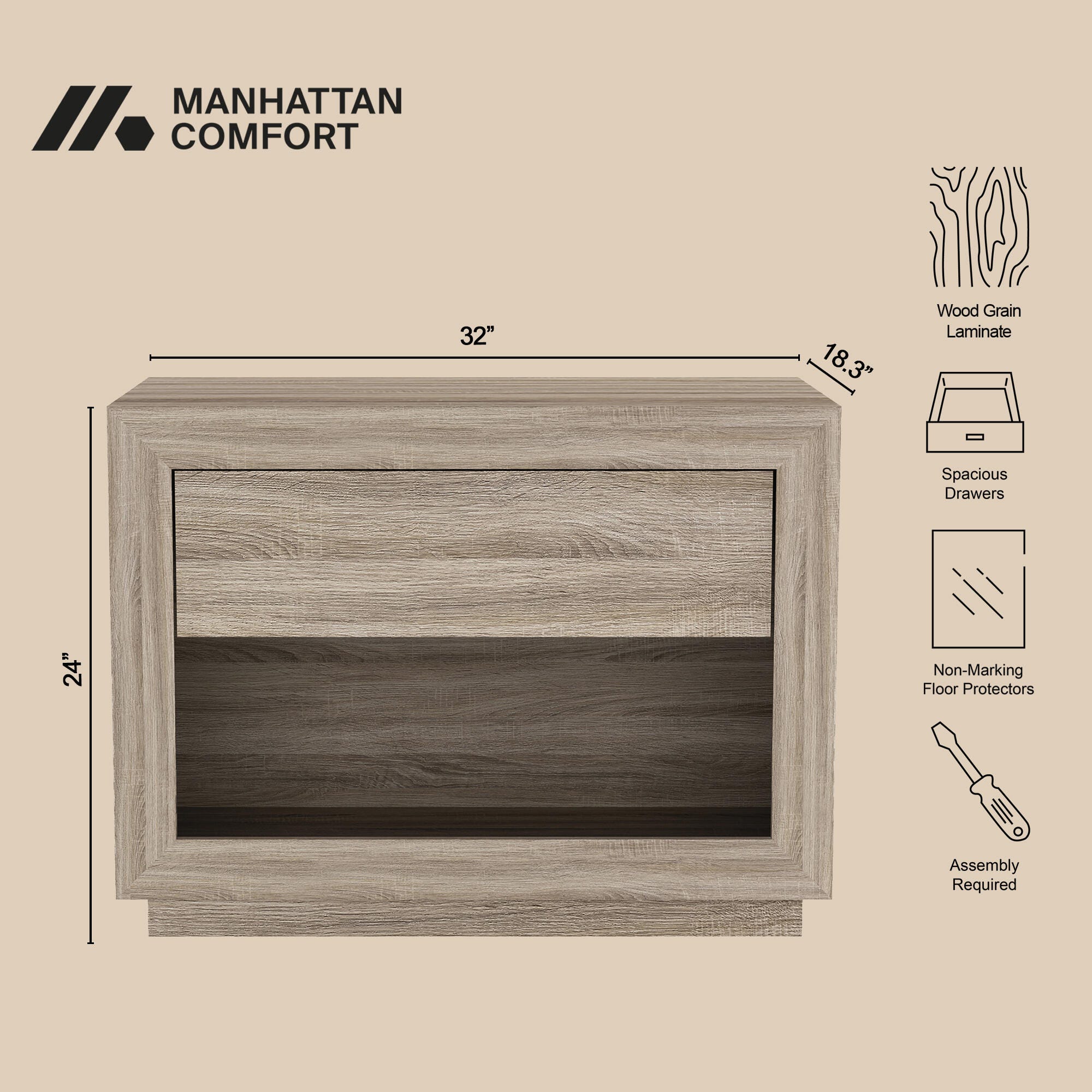 Manhattan Comfort Soren 32" 1 Drawer Nightstand, Natural Oak, large