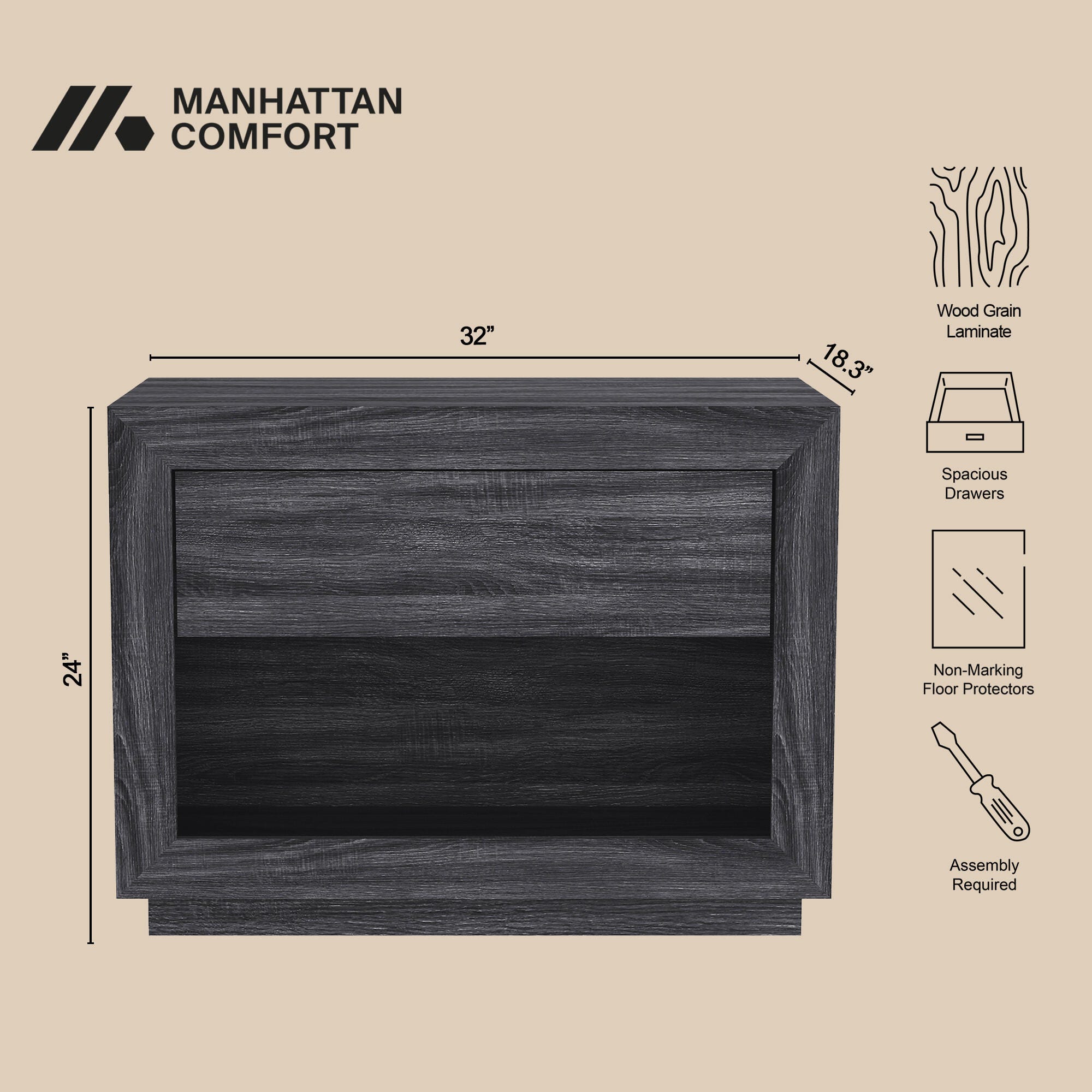 Manhattan Comfort Soren 32" 1 Drawer Nightstand, Charcoal Gray, large