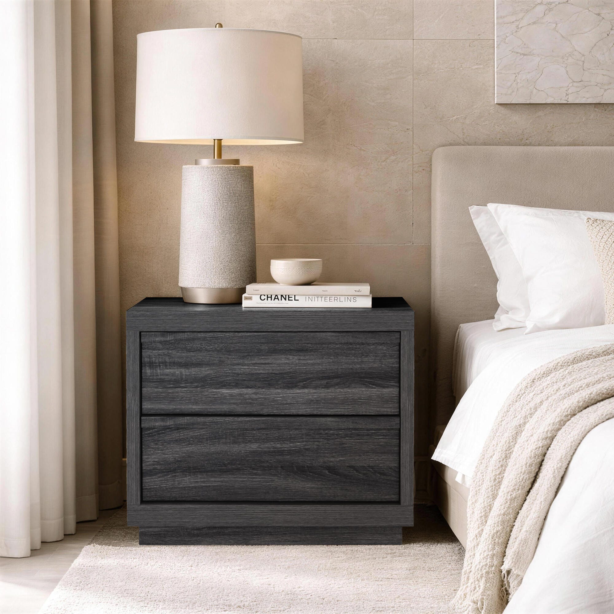 Manhattan Comfort Navis 26" 2 Drawer Nightstand, Charcoal Gray, rollover