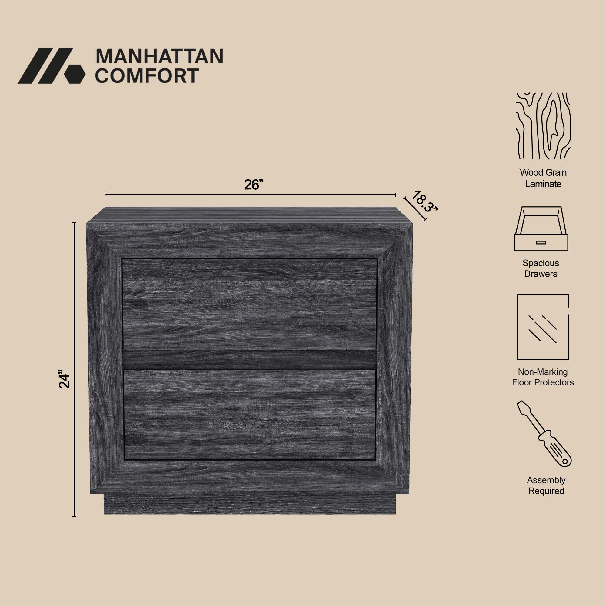 Manhattan Comfort Soren 26" 2 Drawer Nightstand, Charcoal Gray, large