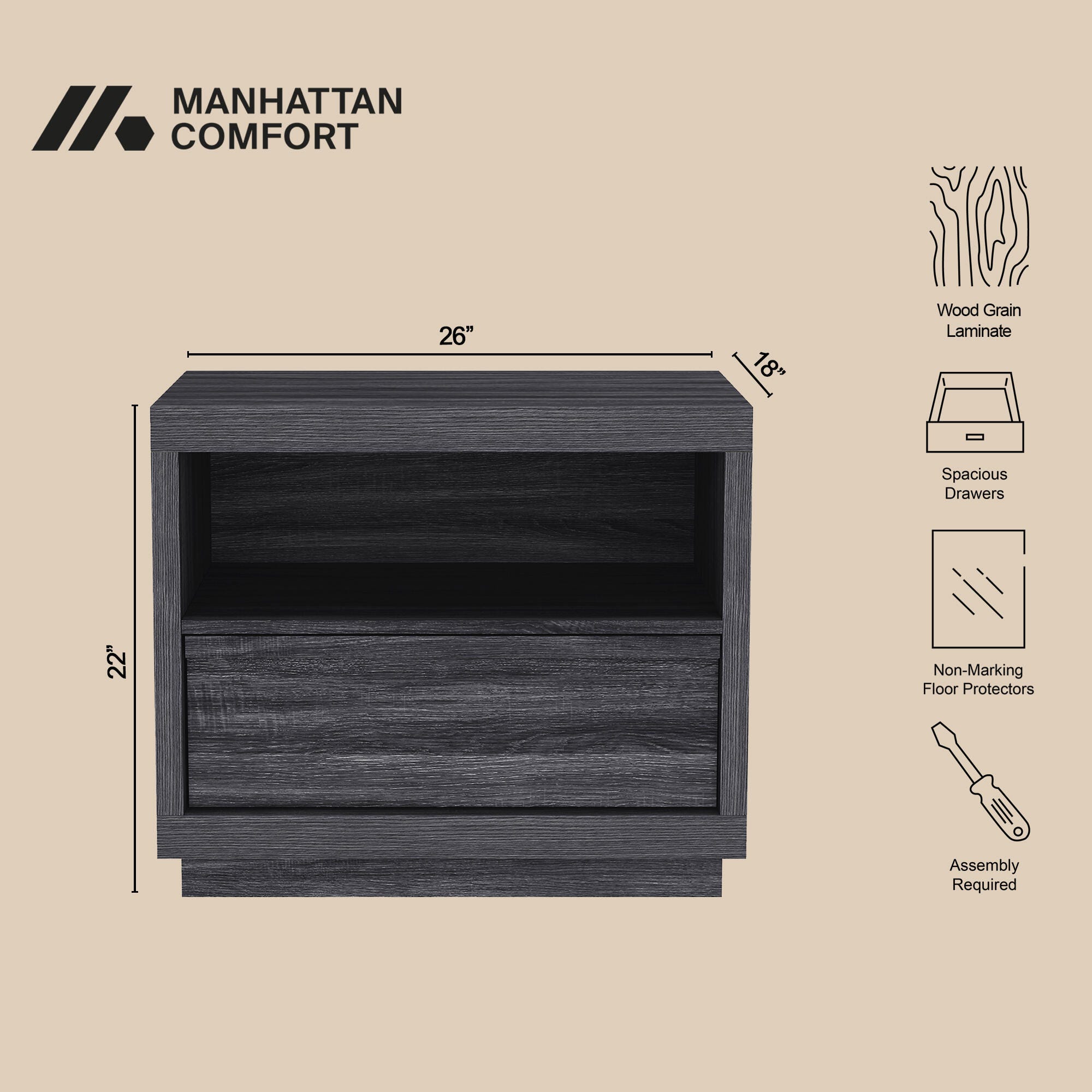 Manhattan Comfort Navis 26" 1 Drawer Nightstand, Charcoal Gray, large