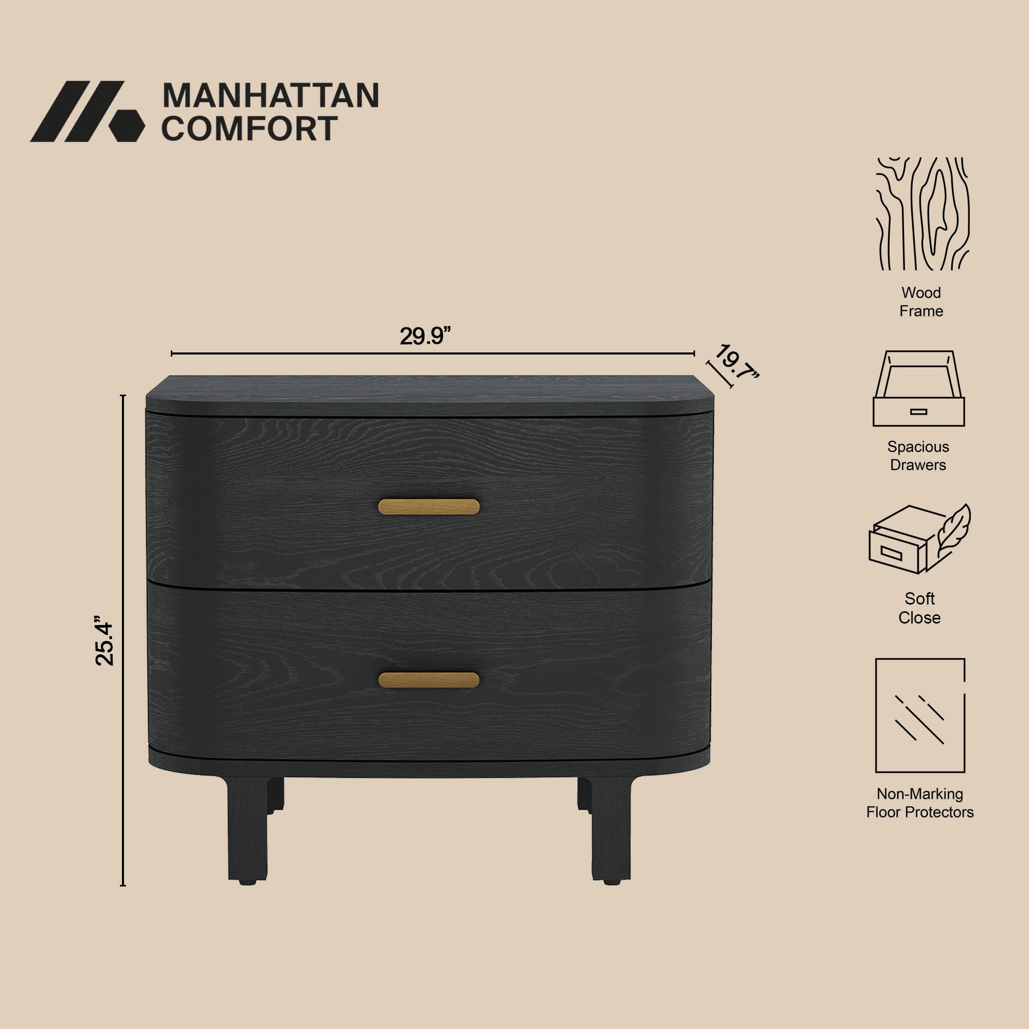 Manhattan Comfort Solara 30" 2 Drawer Nightstand, Black, large
