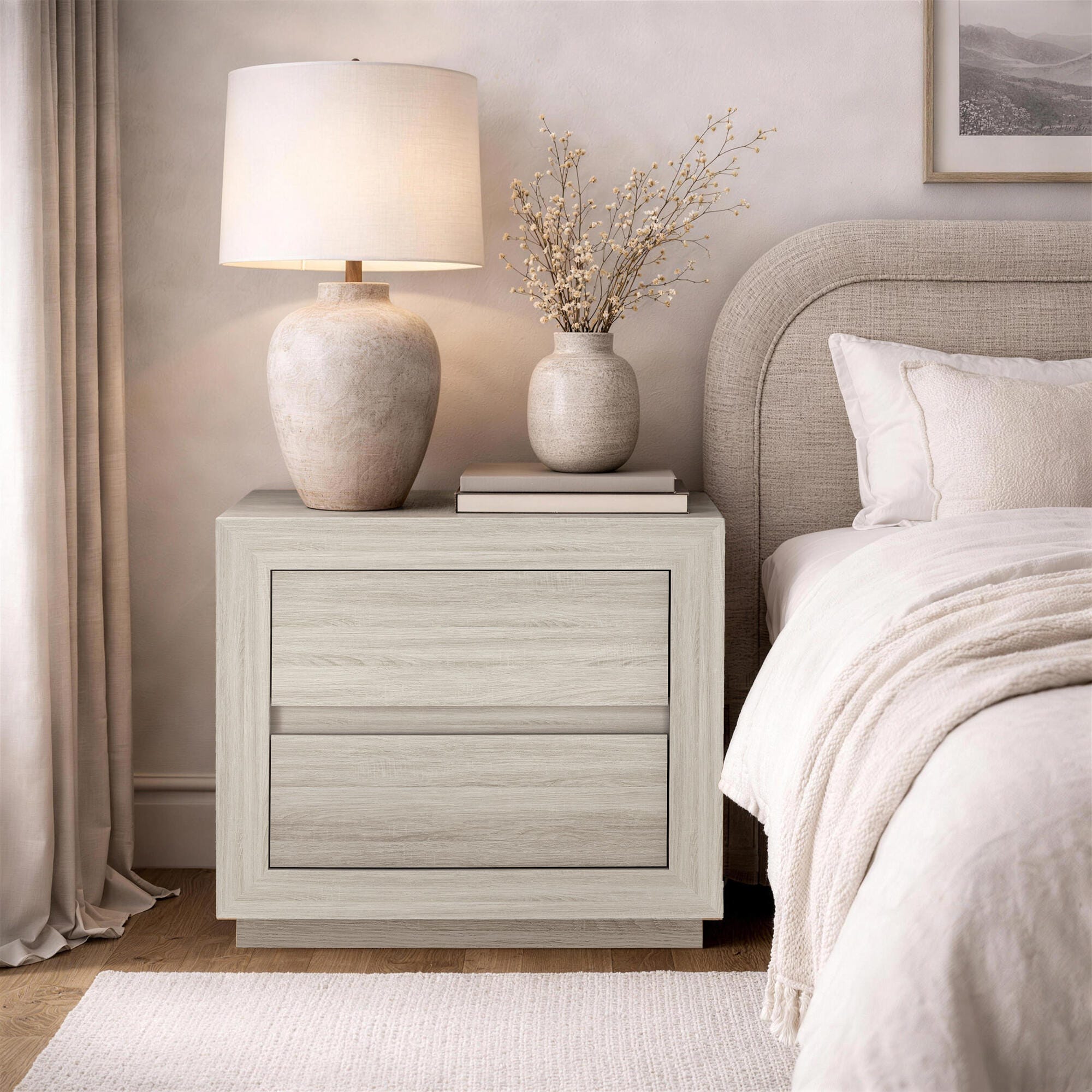 Manhattan Comfort Soren 26" 2 Drawer Nightstand, Whitewashed Oak, rollover