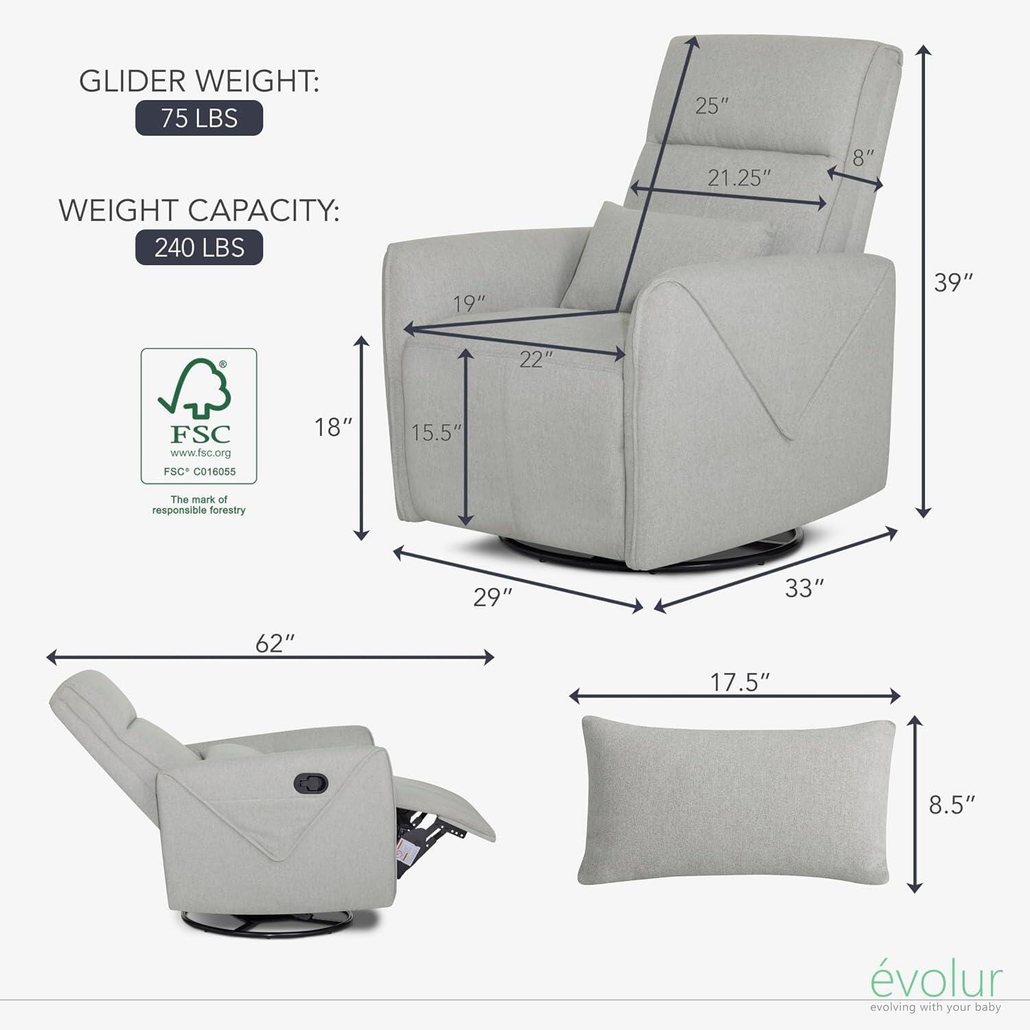 Evolur Sylas Manual Swivel Glider Recliner, Luxe Gray, large