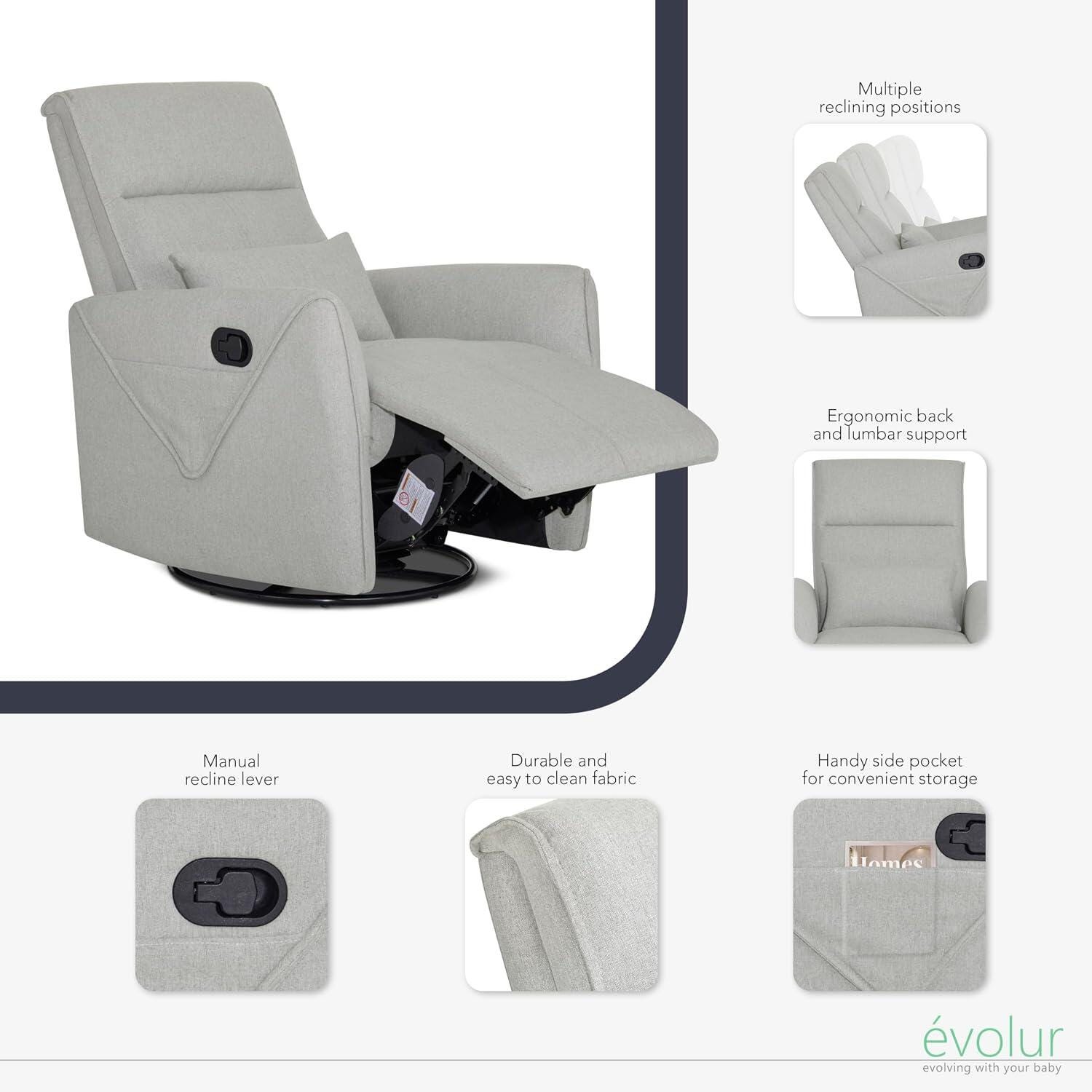 Evolur Sylas Manual Swivel Glider Recliner, Luxe Gray, large