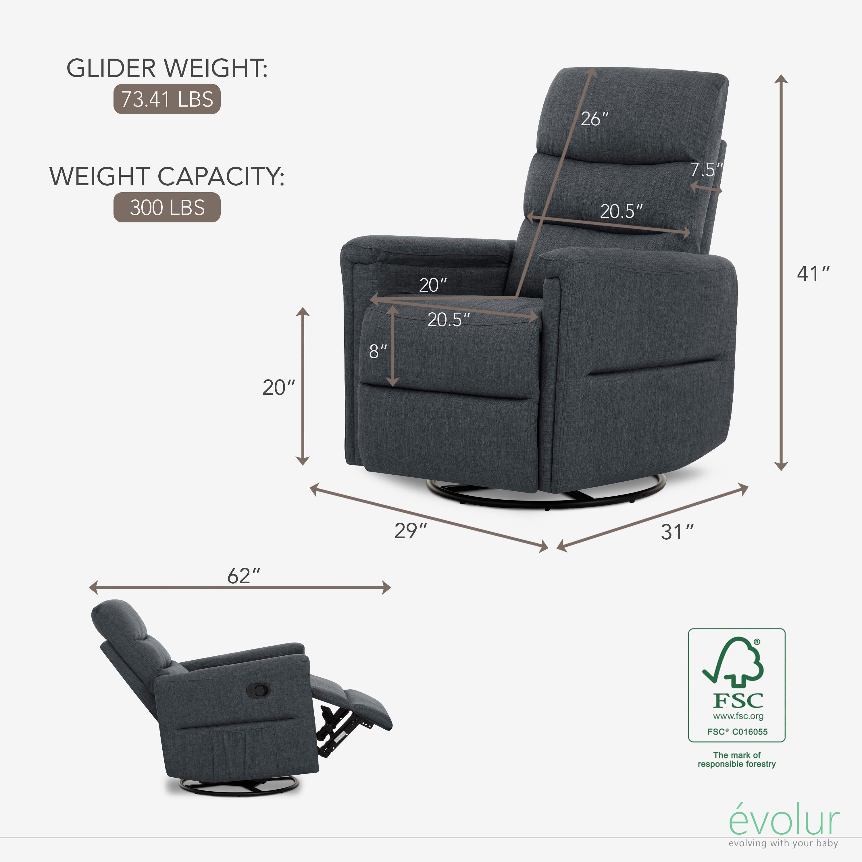 Evolur Peyton Manual Glider Recliner, , large