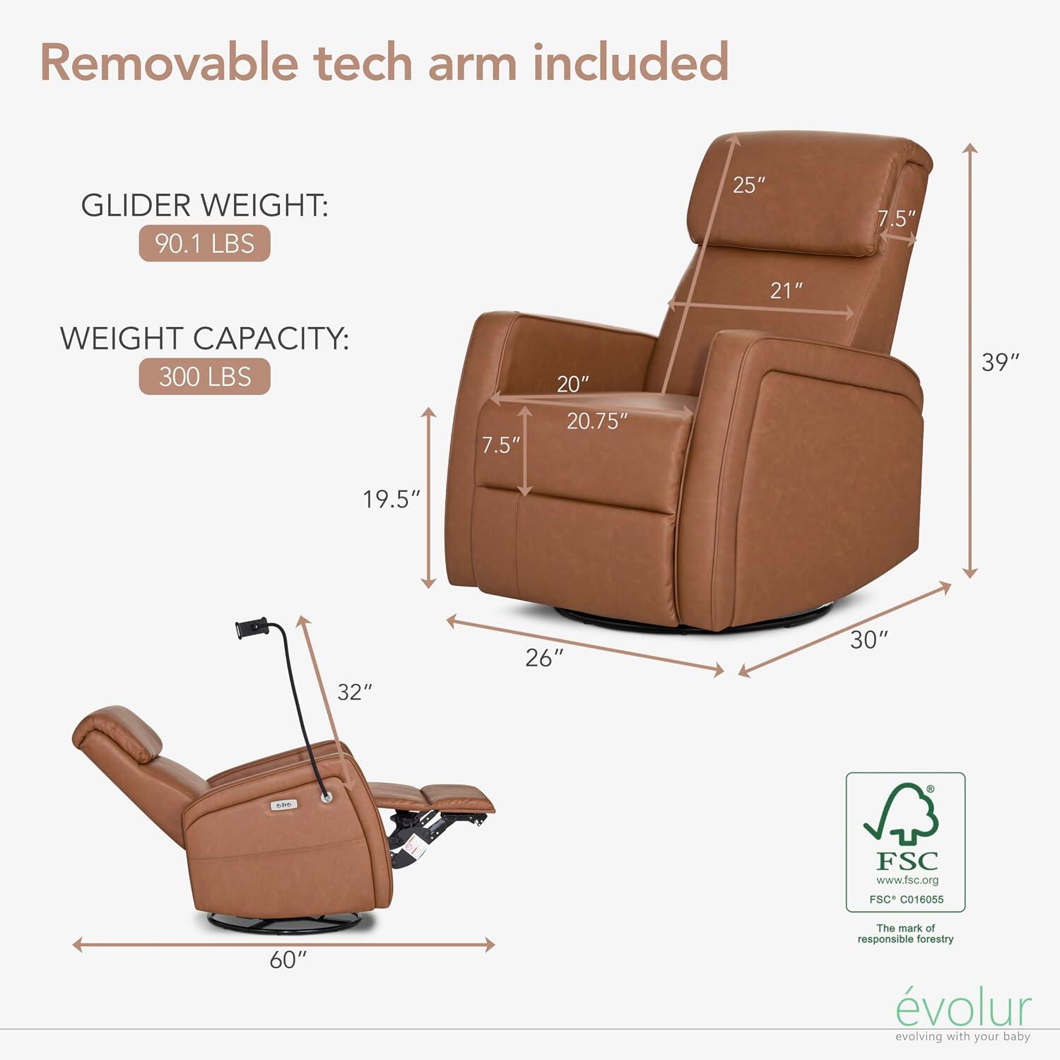 Evolur Maverick Power Glider Recliner, Cognac, large