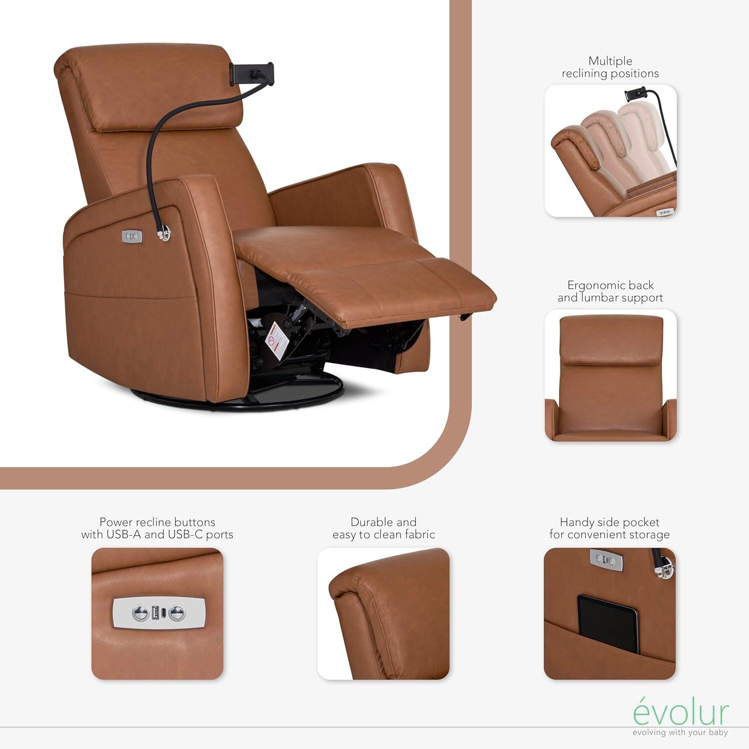 Evolur Maverick Power Glider Recliner, Cognac, large