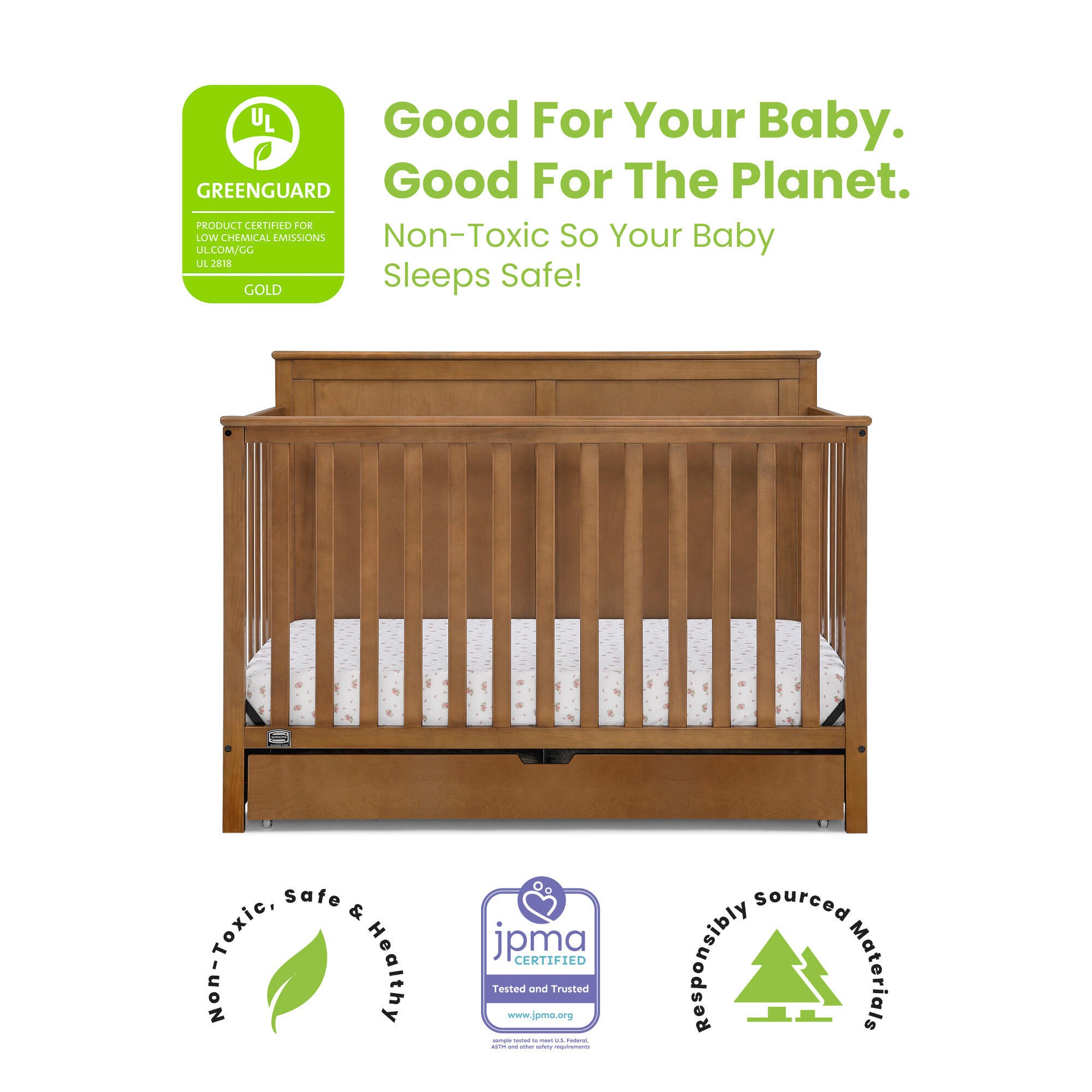 Simmons Kids Logan 6-in-1 Convertible Crib with Storage Drawer, Chestnut, large