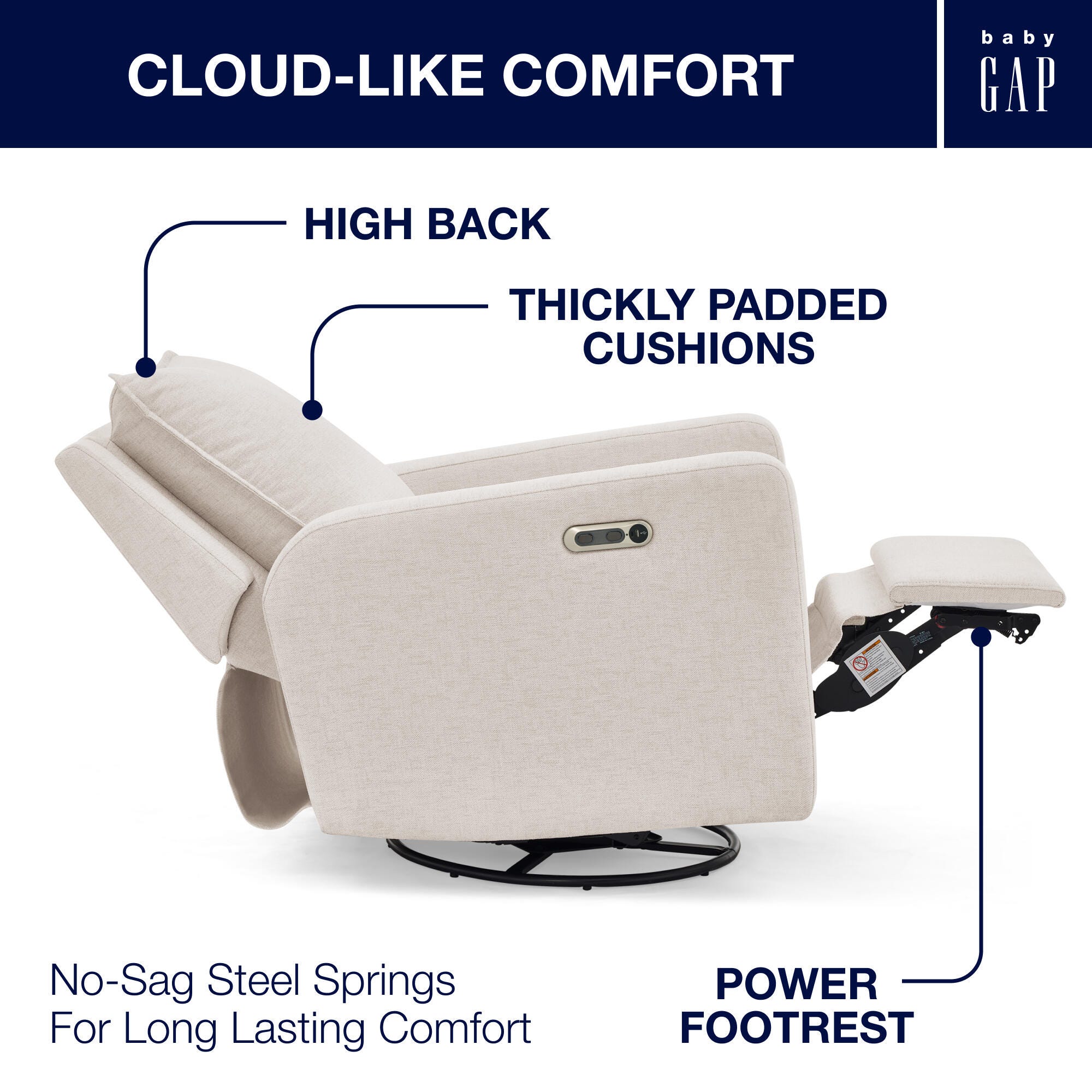 babyGap by Delta Children Harlowe Charging Power Recliner, Sand, large